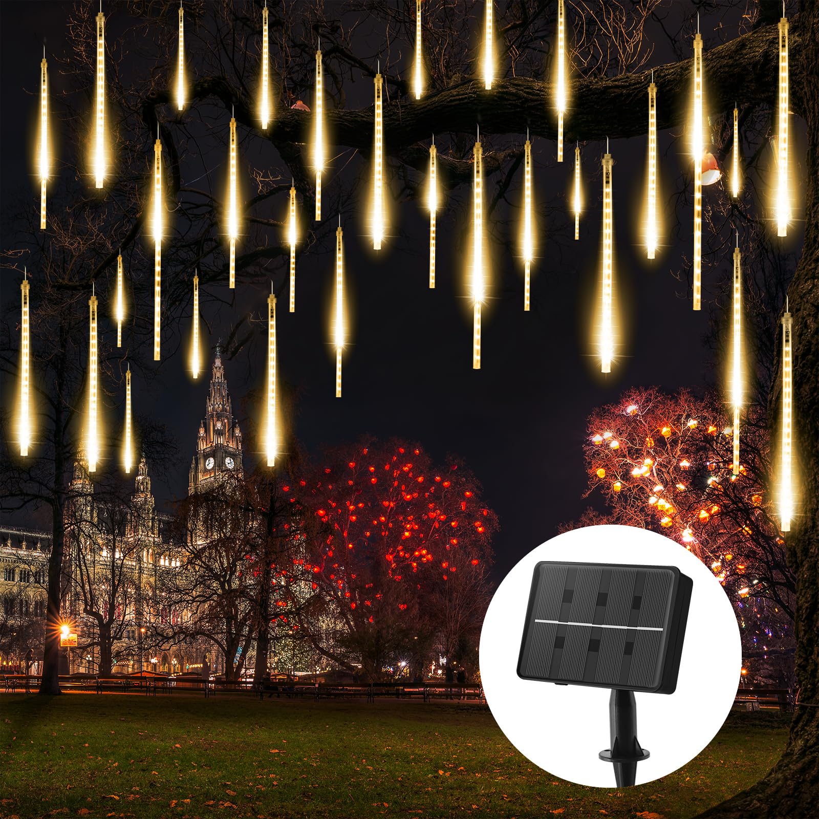 Brightown Solar Meteor Shower Lights - 576 LED, 16 Tubes, 16 Inches, Warm White, Plastic - Outdoor Christmas Decorations