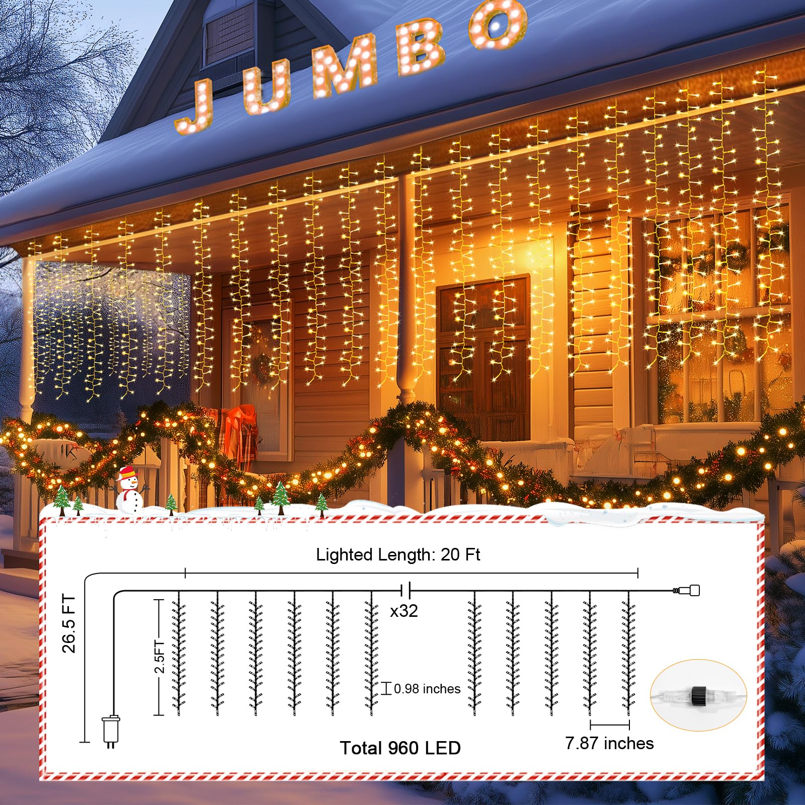 Brightown 20FT Cluster Curtain Lights, 960 LED Warm White Fairy Lights, 12 Modes, Waterproof for Outdoor & Bedroom, Model DMO-300