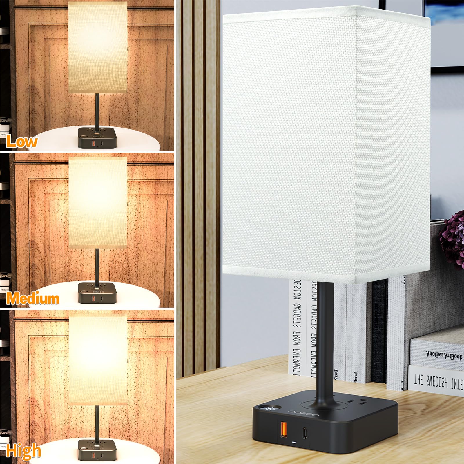 Cozoo USB Bedside Table & Desk Lamp, 3 USB Ports, 2 Outlets, Large White Fabric Shade, Model MC003