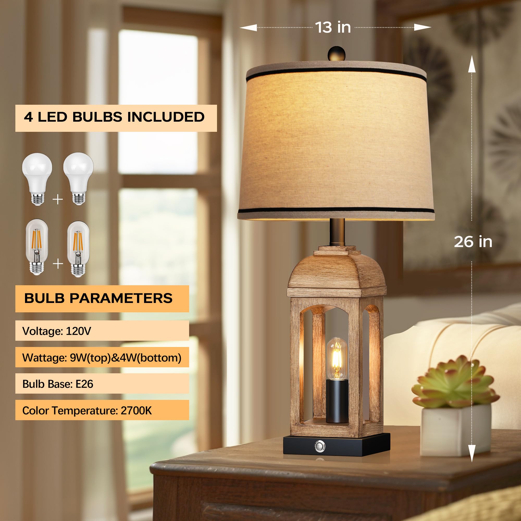 Qimh Table Lamp For Living Room, Farmhouse Lamps Set Of 2 With Usb A+C And Nightlight, 26'' Rustic Bedside Lamps With 3-Way Dimm