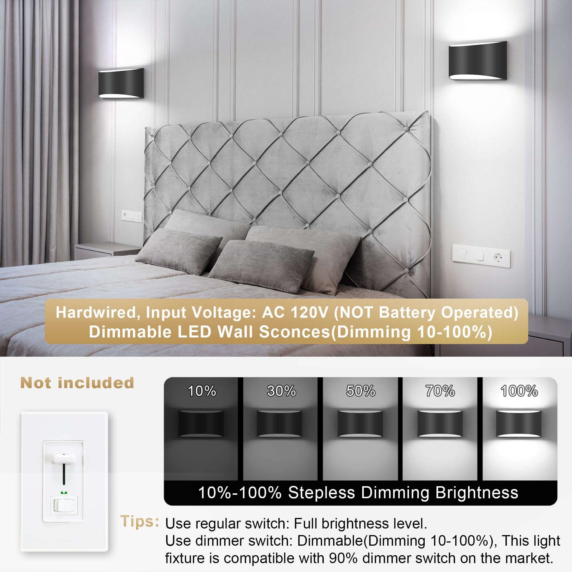 Trlife Modern Wall Sconces, 3000K/4000K/6000K Selectable And Dimmable Led Wall Sconce 12W Aluminum Wall Mounted Light Set Of 2 H