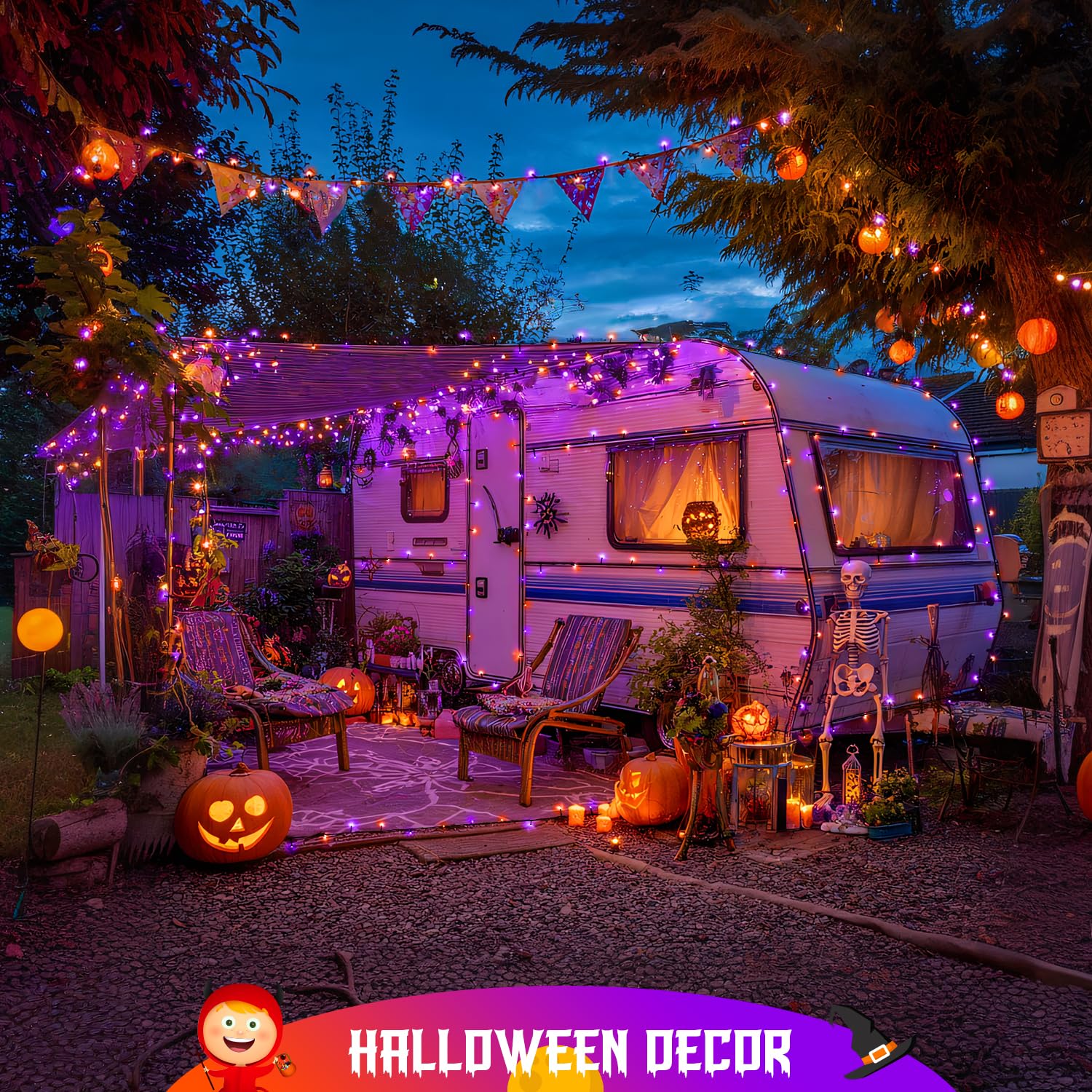 JMEXSUSS Solar Halloween Lights, 400 LED, 2 Pack, Waterproof, 8 Modes, Orange & Purple