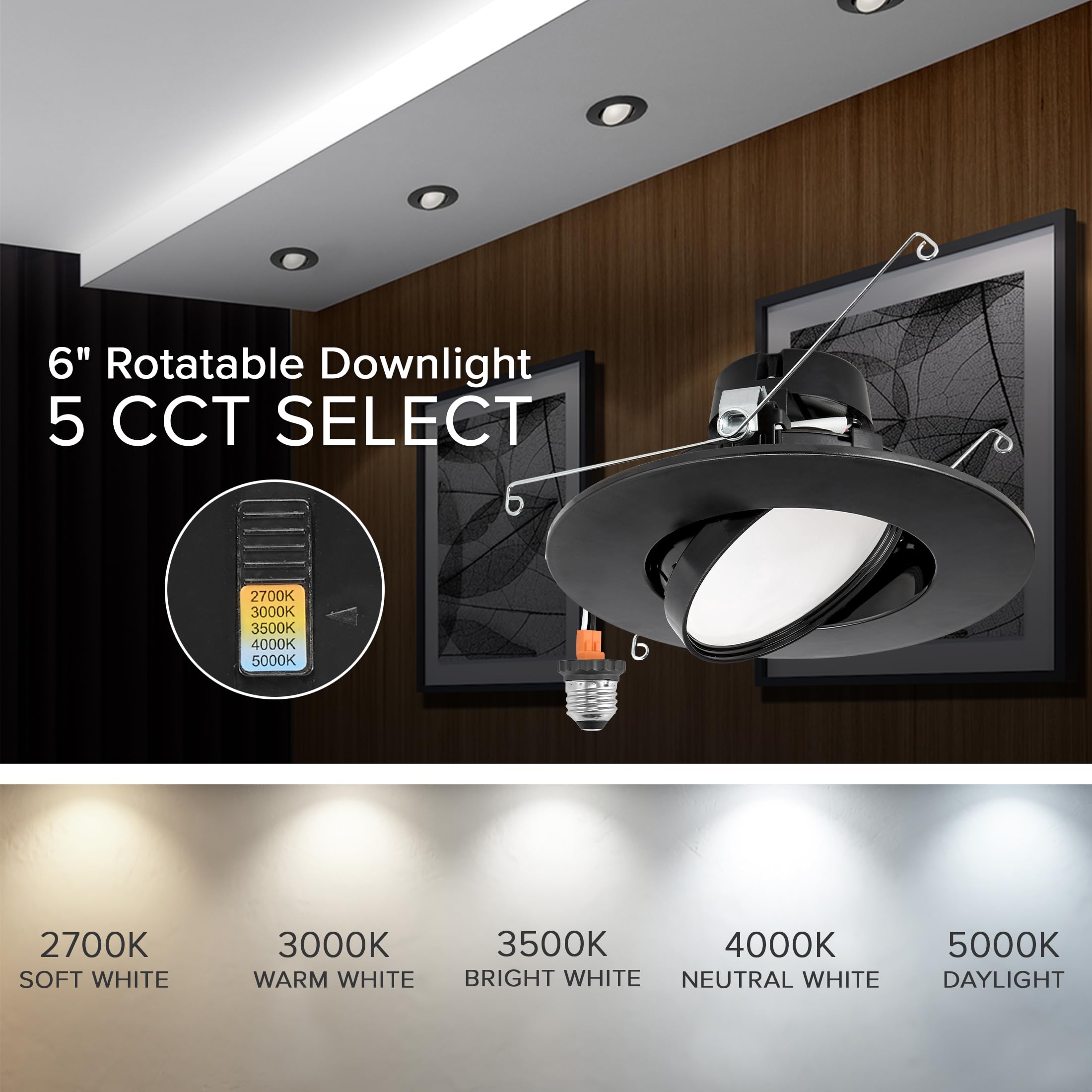 Maxxima 5 & 6 in. Rotatable LED Downlight Gimbal, 1000 Lumens, Dimmable, Black Trim, Model MRL-611555B, 5 C
