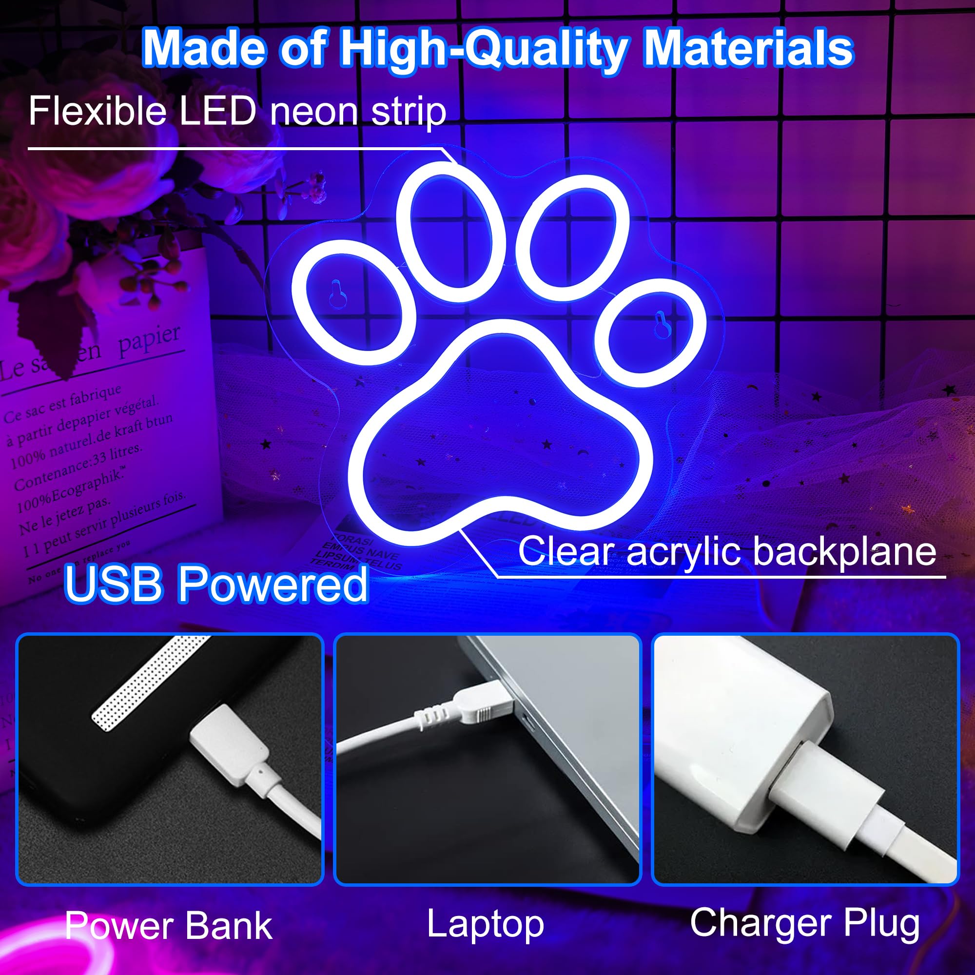 Aslanka Paw Neon Sign, Dimmable LED Light for Wall Decor, 9.84x9.25 inches, Blue
