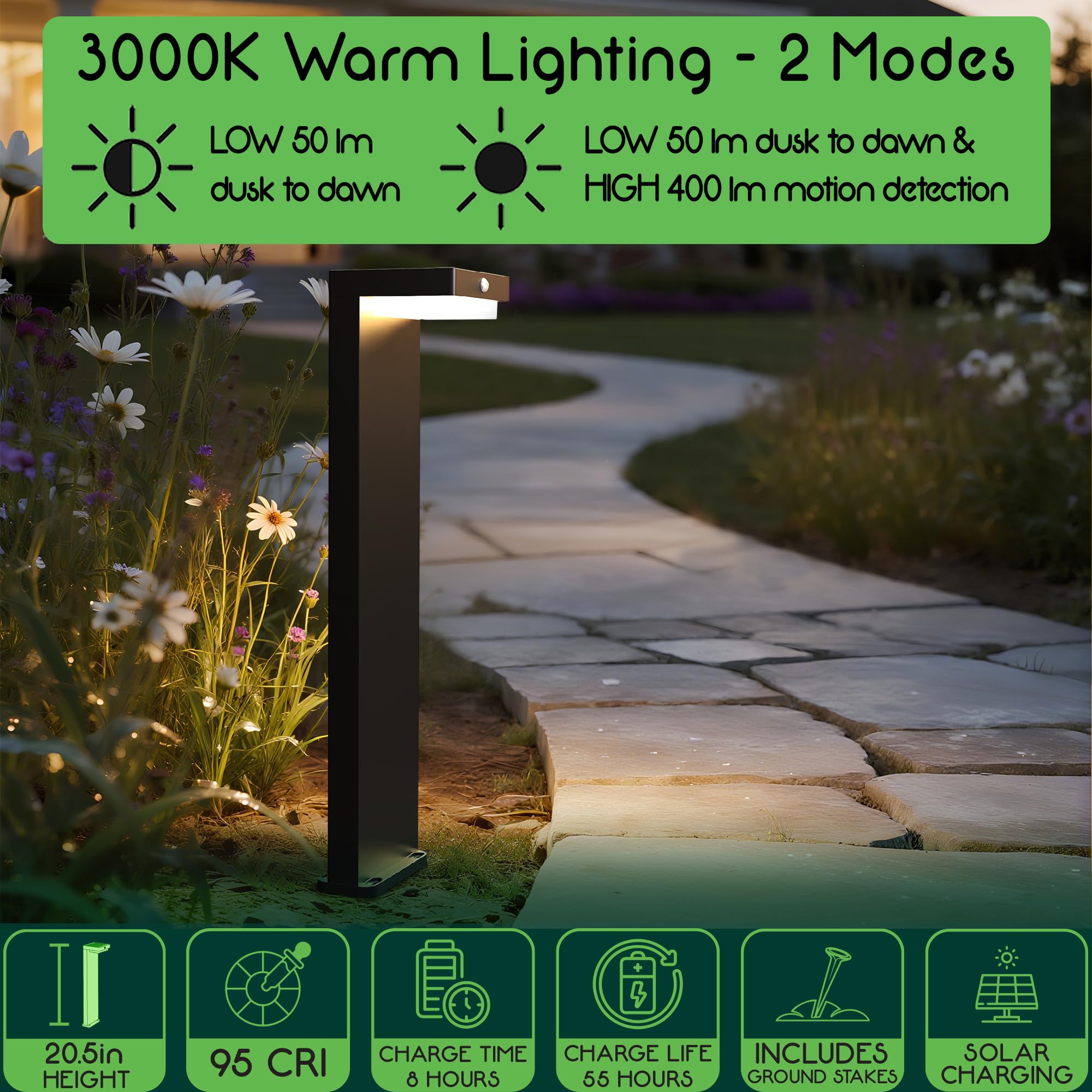 VerLuce Solar Pathway Lights - PIR Sensor, 3000K, IP44, 4 Pack, Black, 20.5" - Rechargeable Battery Lasts Up to 55 Hours