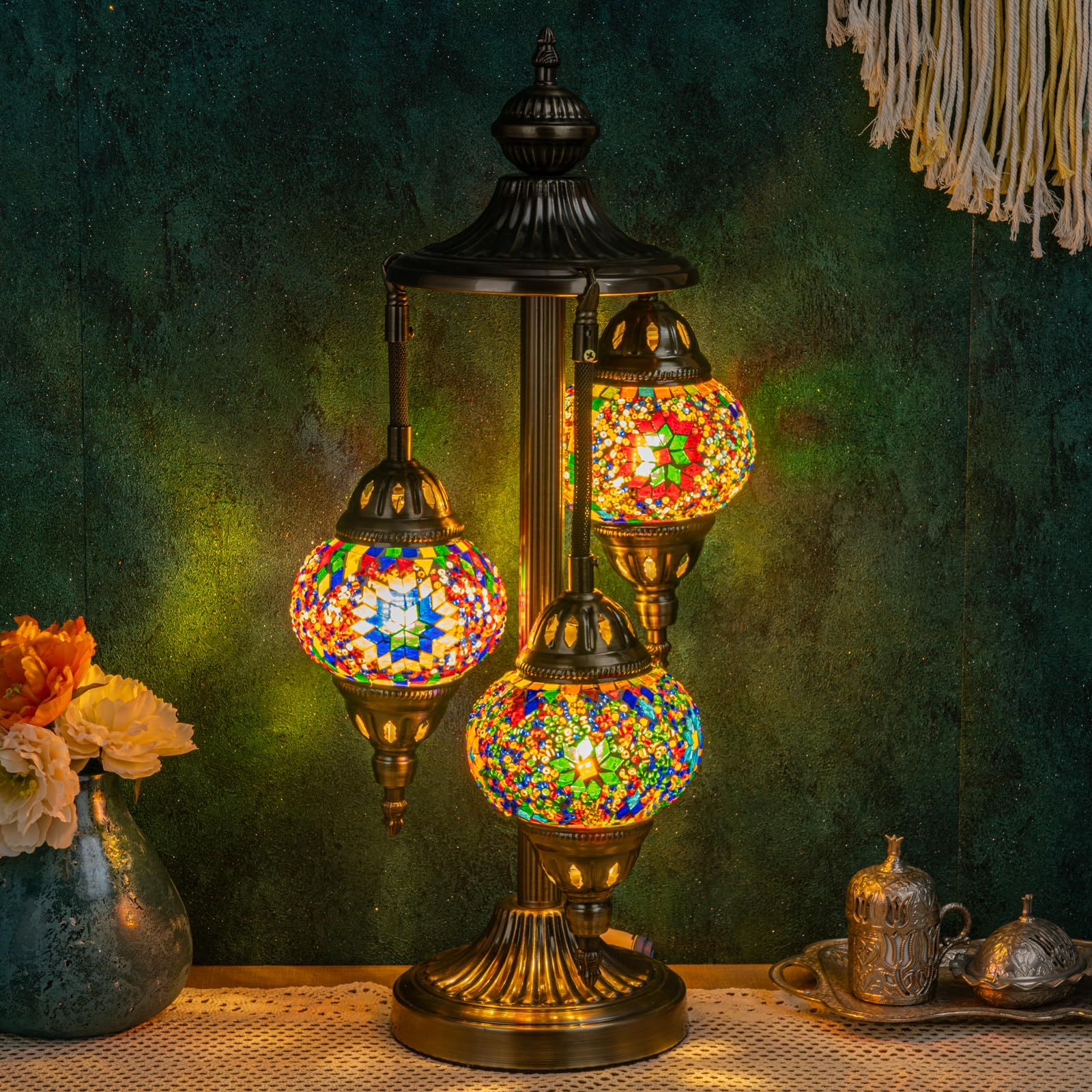 Marrakech Turkish Lamp 3 Globes Moroccan Table Lamp with Bronze Base, 23'' Tall Handmade Colorful Tiffany Mosaic Glass Night Lig