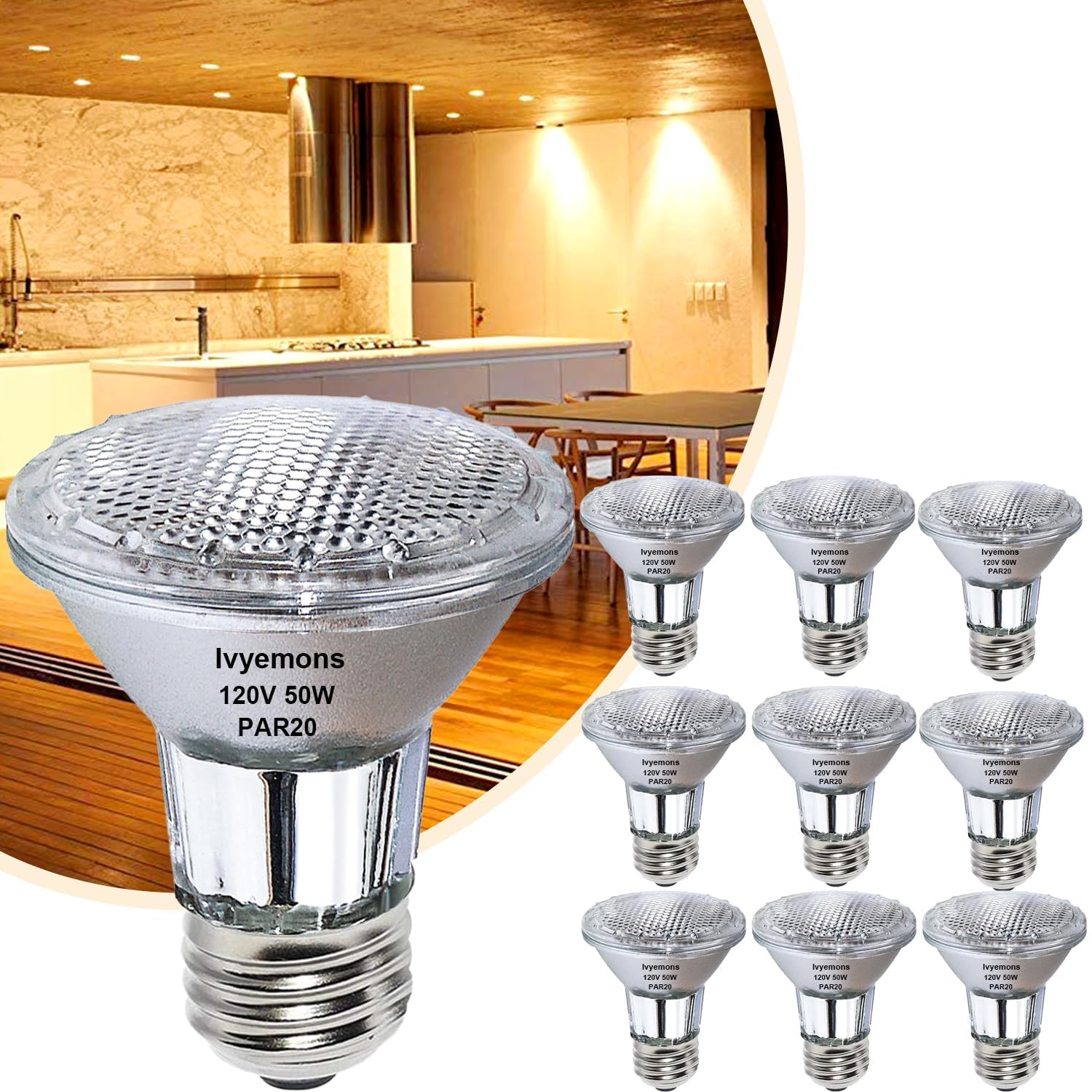 Ivyemons Halogen Par20 50W 120V 600Lm, 9 Pack High Output Par20 Halogen Dimmable 2800K Warm White, E26 Long Lifespan 50 Watt Flo