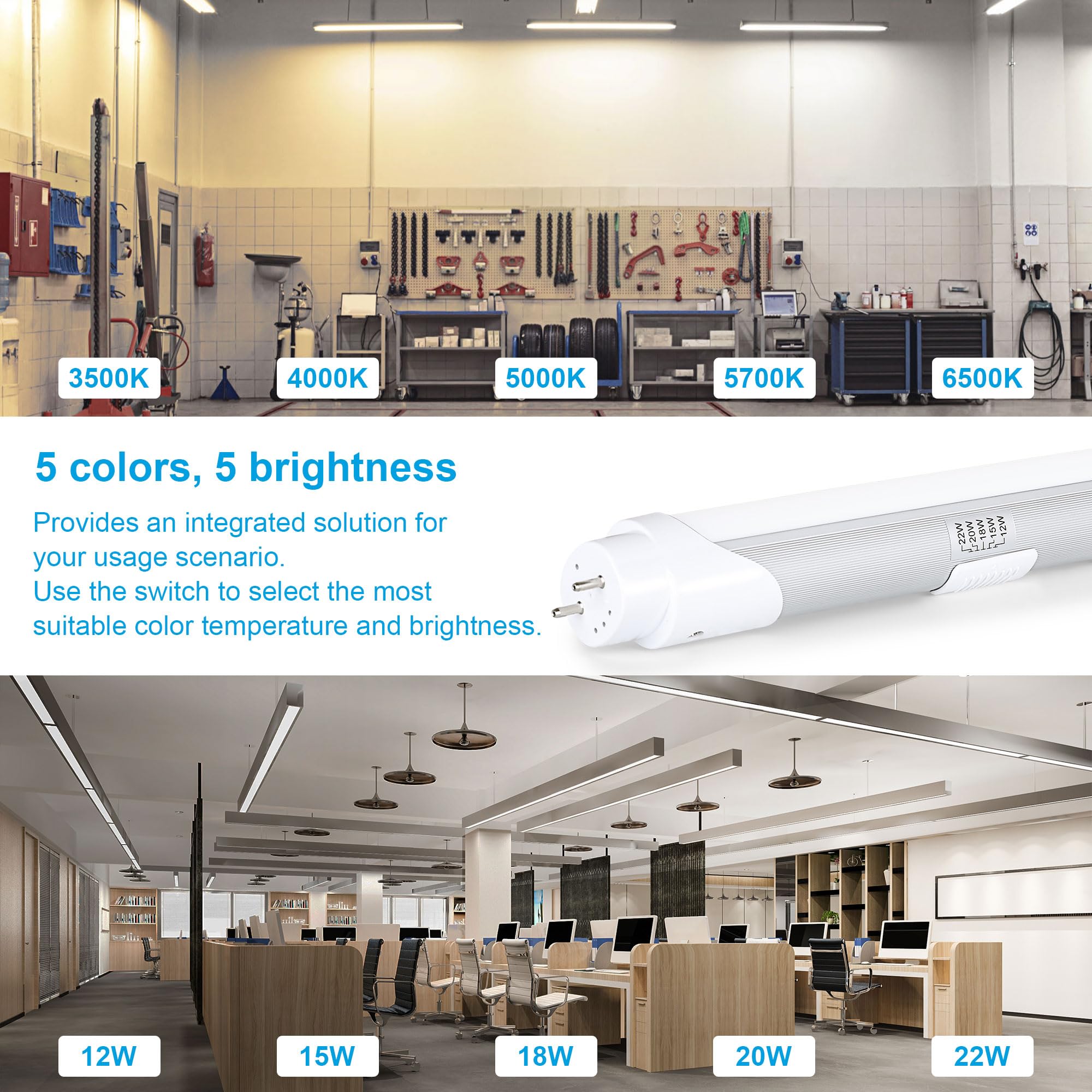 H&B Luxuries T8 LED Tube Light 4FT, 12W-22W, 5 Colors, Plug and Play, Aluminum, White, Model TABKT5DSW4PCS,