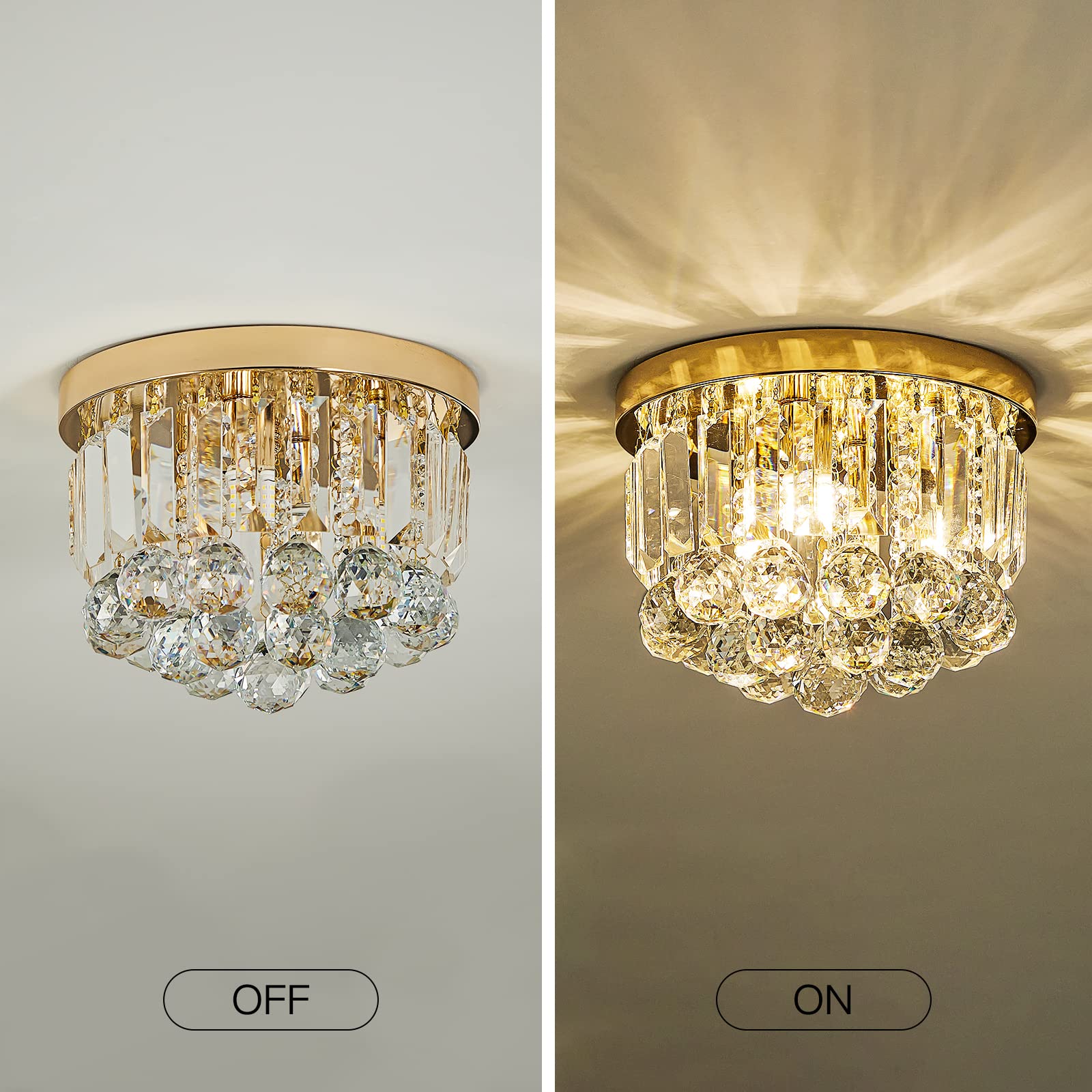 Gopmmy Round Crystal Lamp Chandelier,Modern Gold G9 Ceiling Mount Fixture Dia.9.85'' X H8.25 For Living Room Dining Room Hallway
