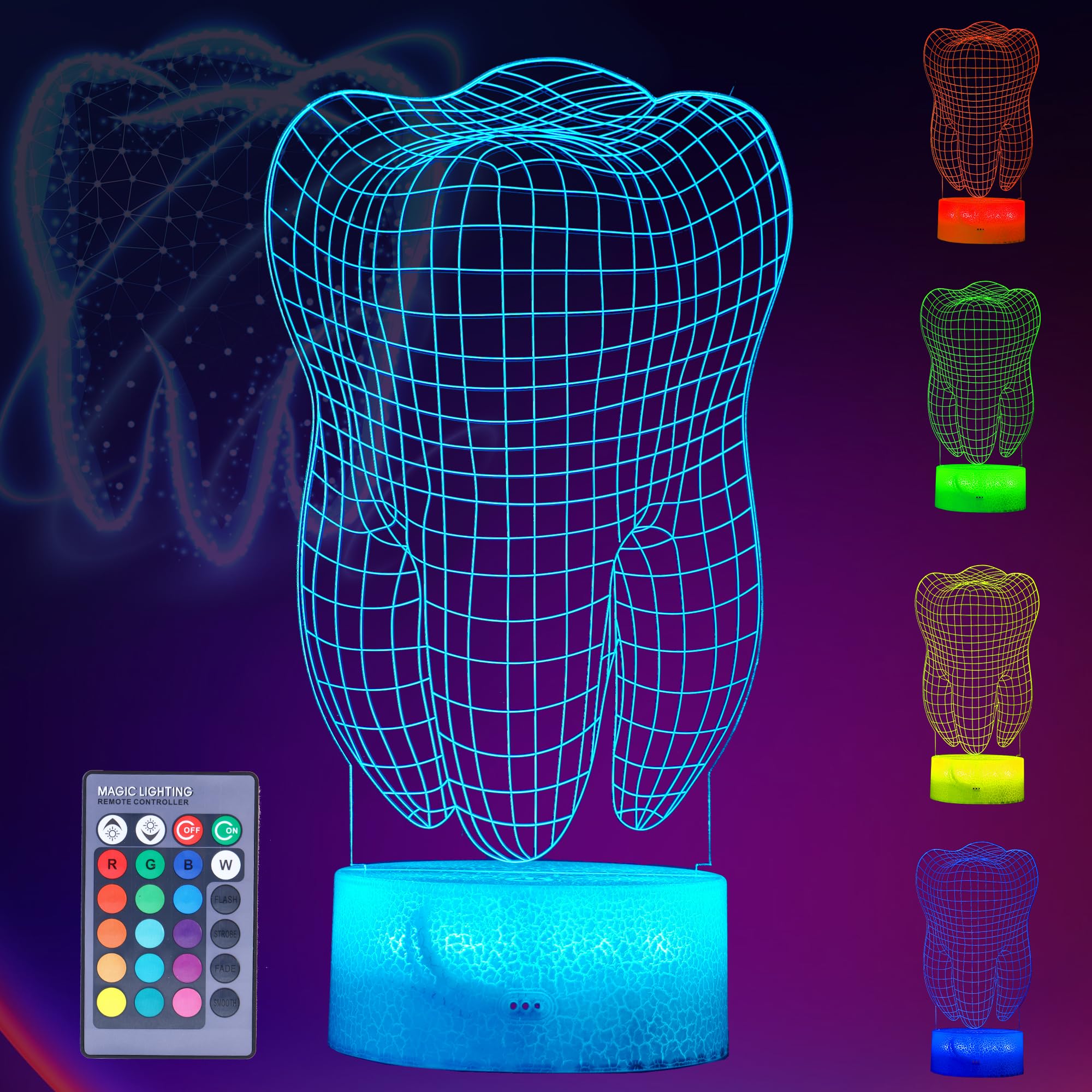 POSSHE Dental Gifts, 3D Tooth Night Light, 3D Illusion Lamp, 16 Colors Changing, Remote Control, Dimmable, Living Room Decoratio