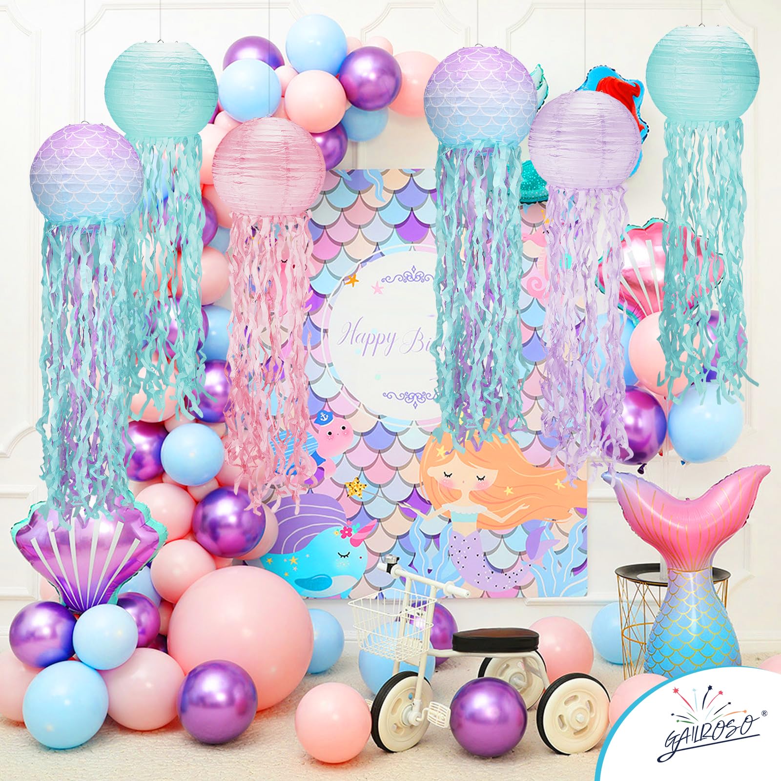 Jellyfish Paper Lanterns 6Pack,8 Inch Mermaid Birthday Decorations Pink Lavender Blue Mermaid Scales With String And Hooks,Hangi
