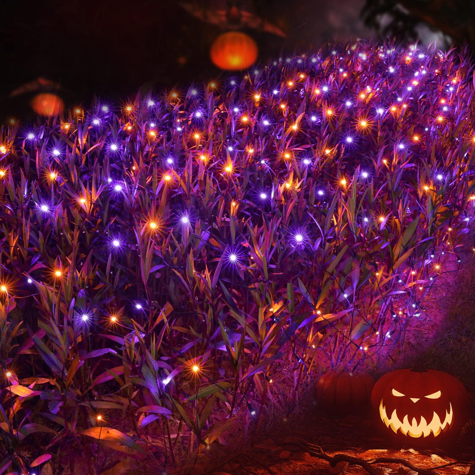 Joomer 12Ft X 5Ft 360Led Orange Purple Halloween Net Lights Outdoor Mesh Lights, 8 Modes Timer Connectable Waterproof Bush Light