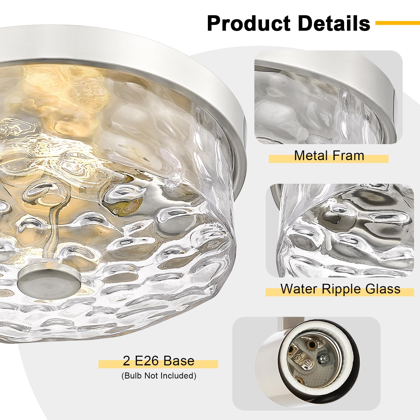 Luminzone Flush Mount Ceiling Light With Water Ripple Glass Shade, Modern 2-Light Ceiling Light Fixtures, Brushed Nickle Finishe