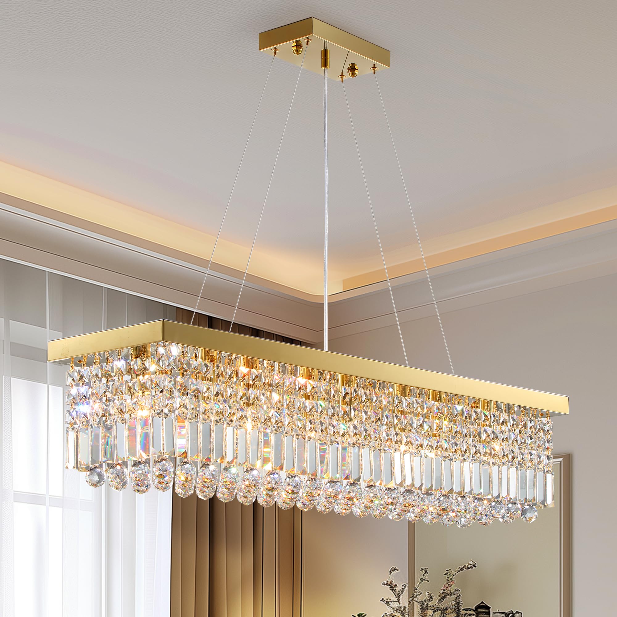 Tinkoso 8-Light Modern Crystal Chandelier, Gold, L40" x W10" x H10", Stainless Steel, Model LH-00910, Ideal for Dining Room, Kitchen, Bar