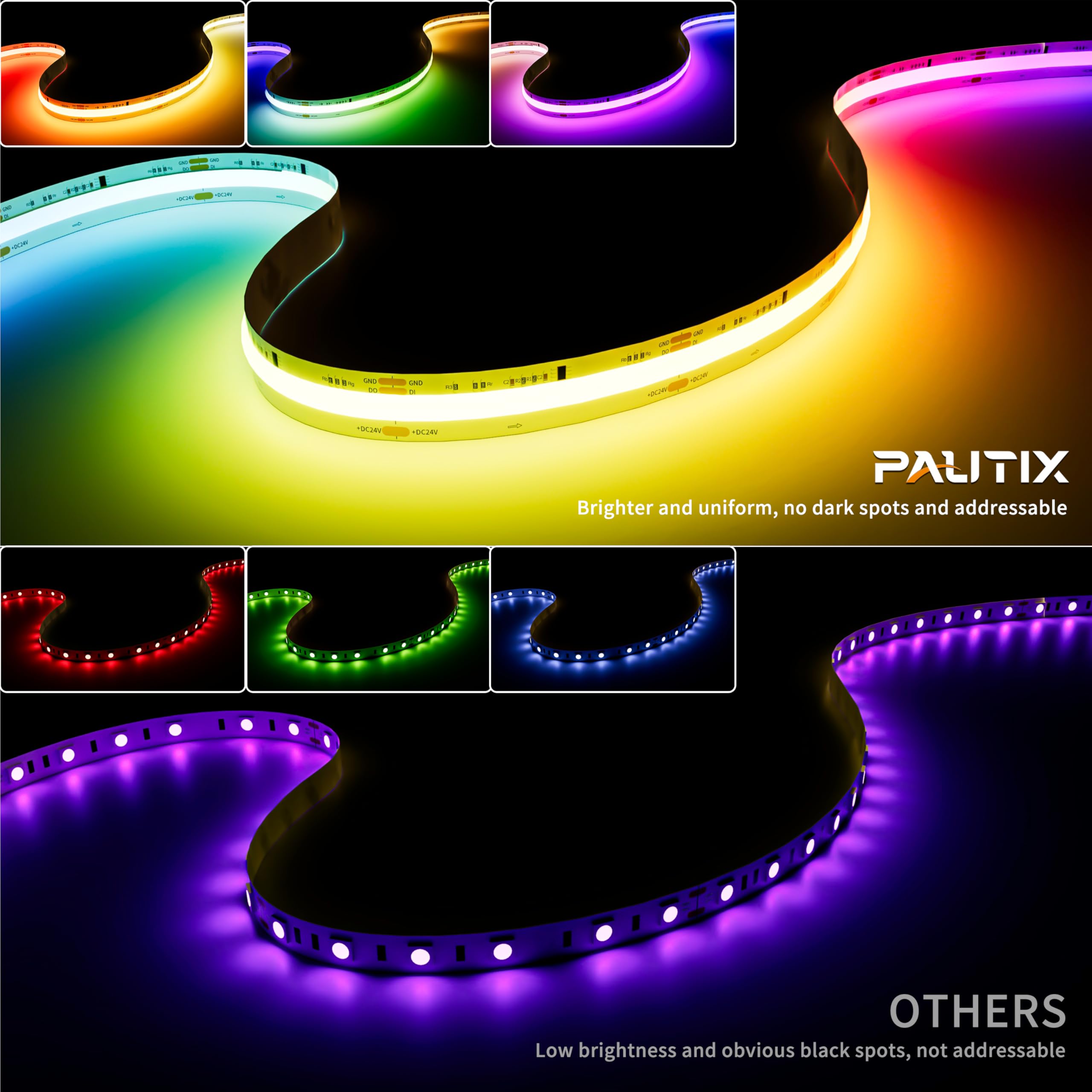 Pautix 32.8Ft Rgb Smart Ic Cob Led Strip Light, Ul-Listed 24V Addressable Flexible Tape Light