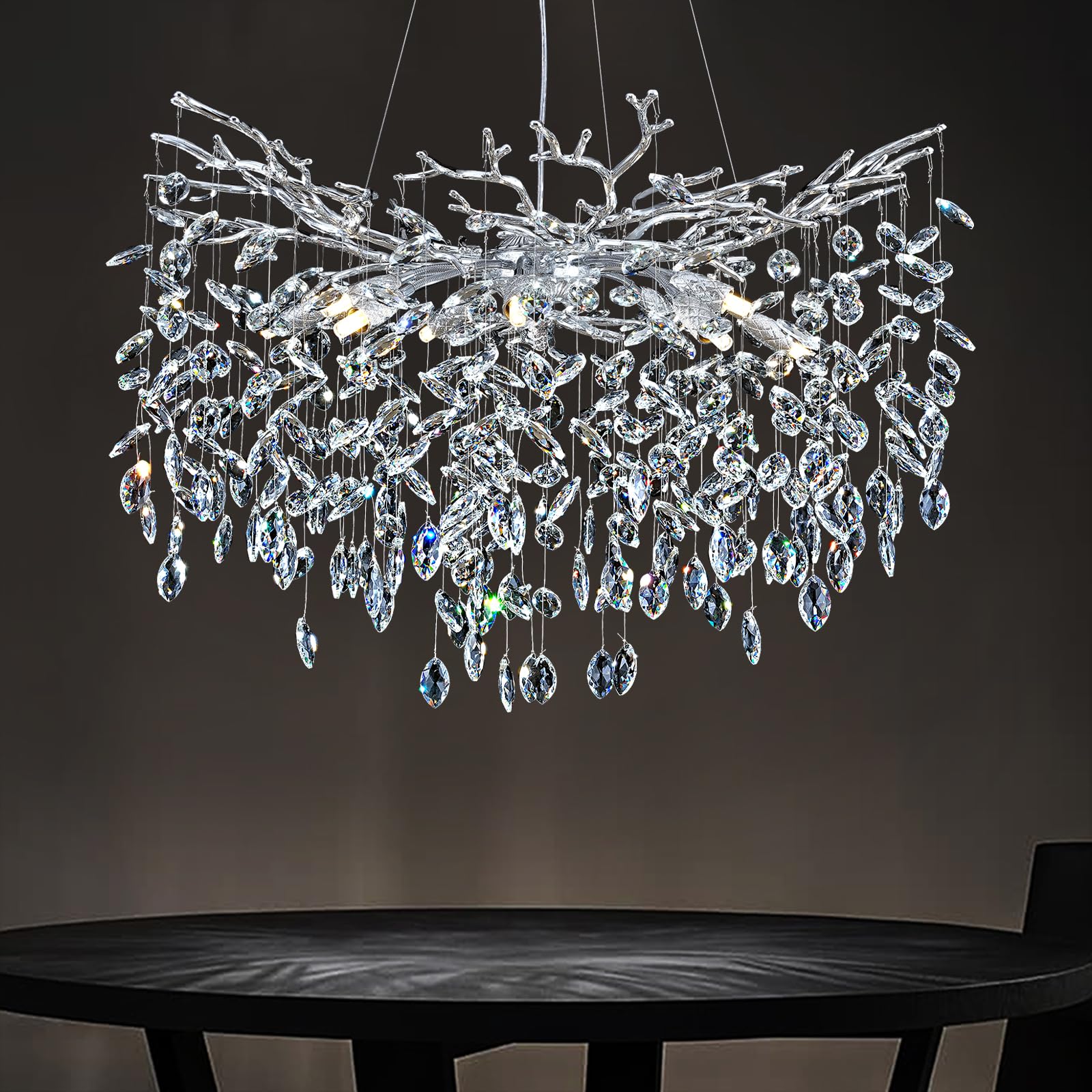 kvtinmty Modern Round Crystal Chandeliers, 30'' Crystal Chandeliers for Dining Room,Silver Tree Branches Chandelier, for Living 
