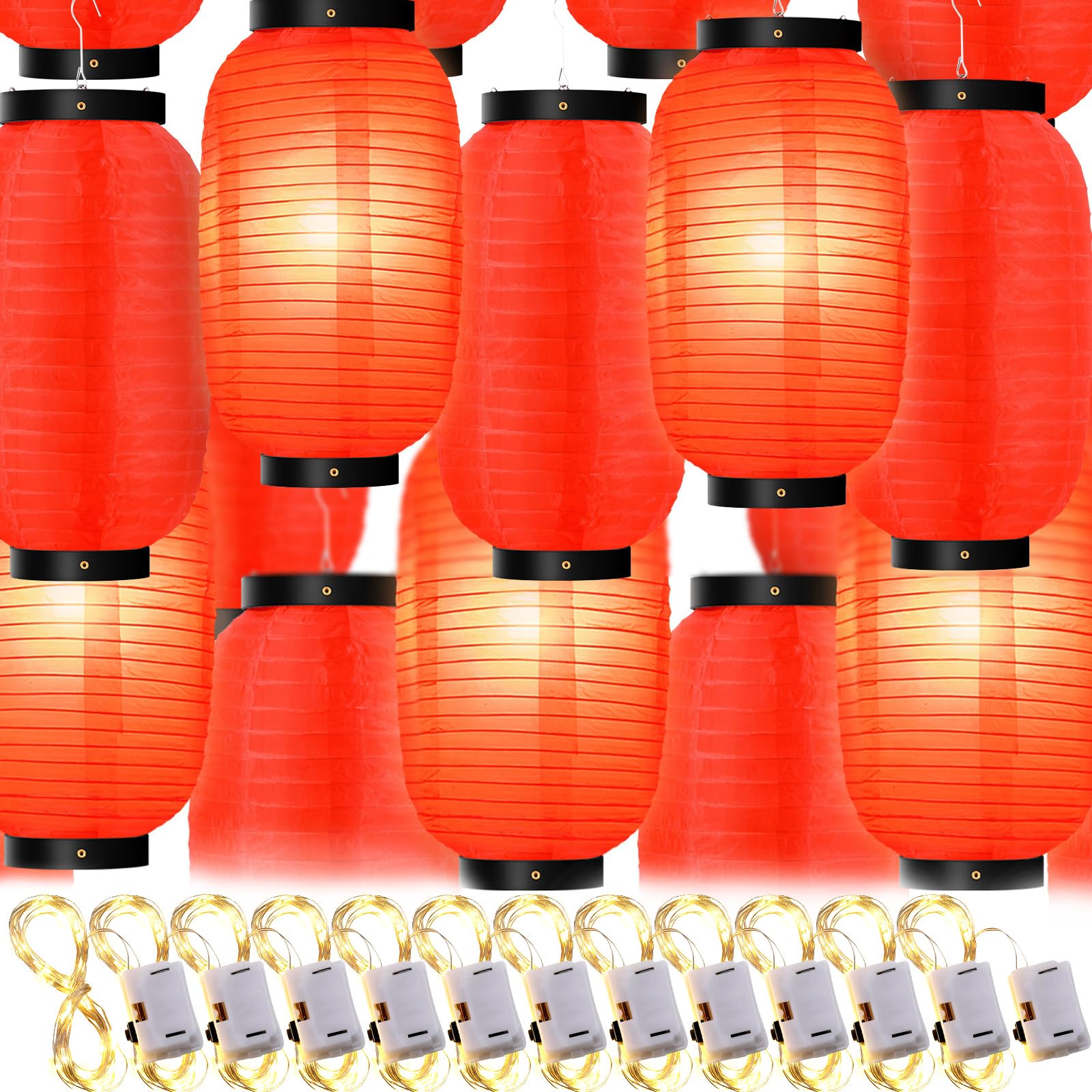 24 Pcs Traditional Japanese Style Red Silk Hanging Lantern Set Including Paper Lanterns Japanese Decorations and Lights for Chin
