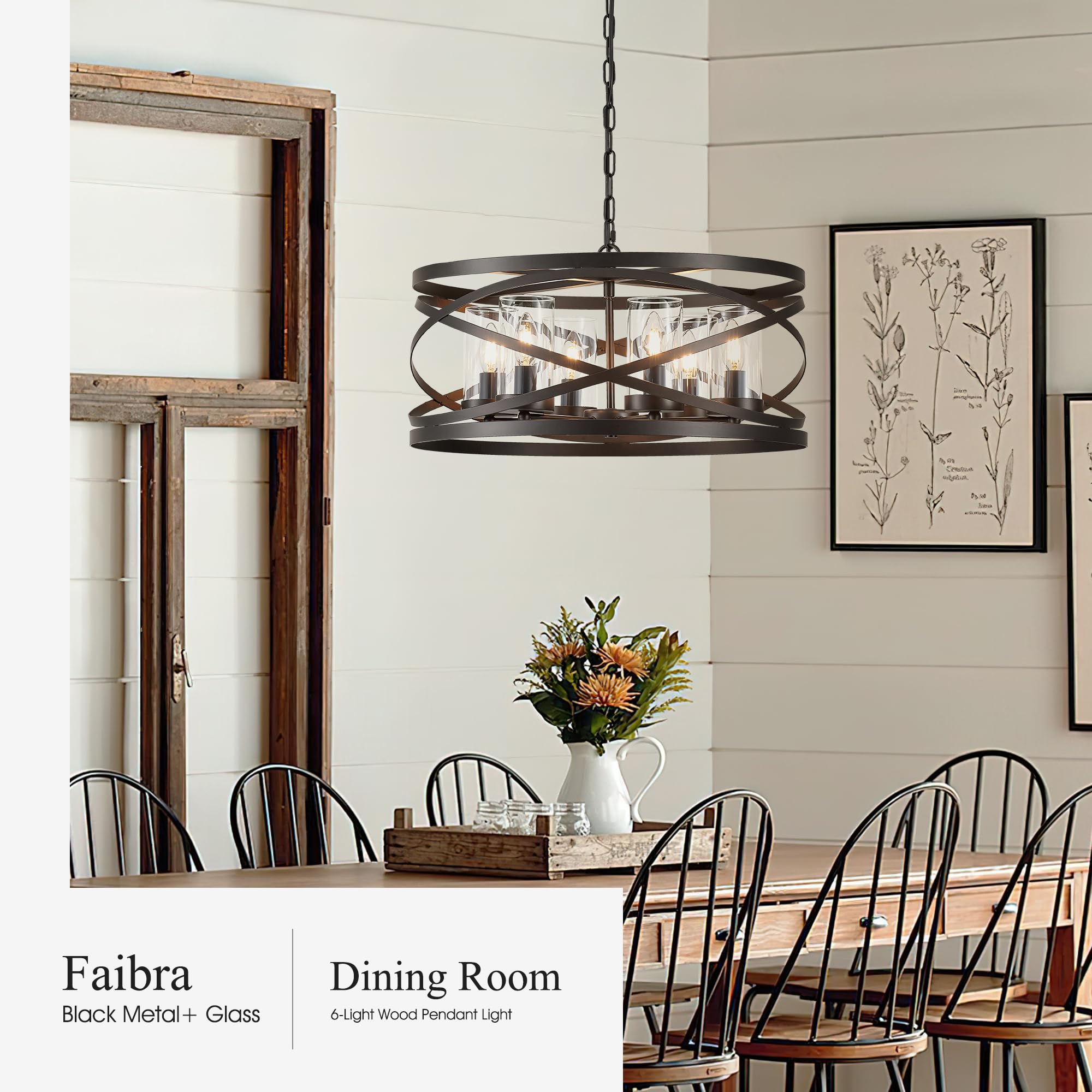 Faibra 6-Light Farmhouse Drum Pendant Light,21.65'' Nature Wood Texture Vintage Rustic Chandeliers Black Metal Industrial Glass