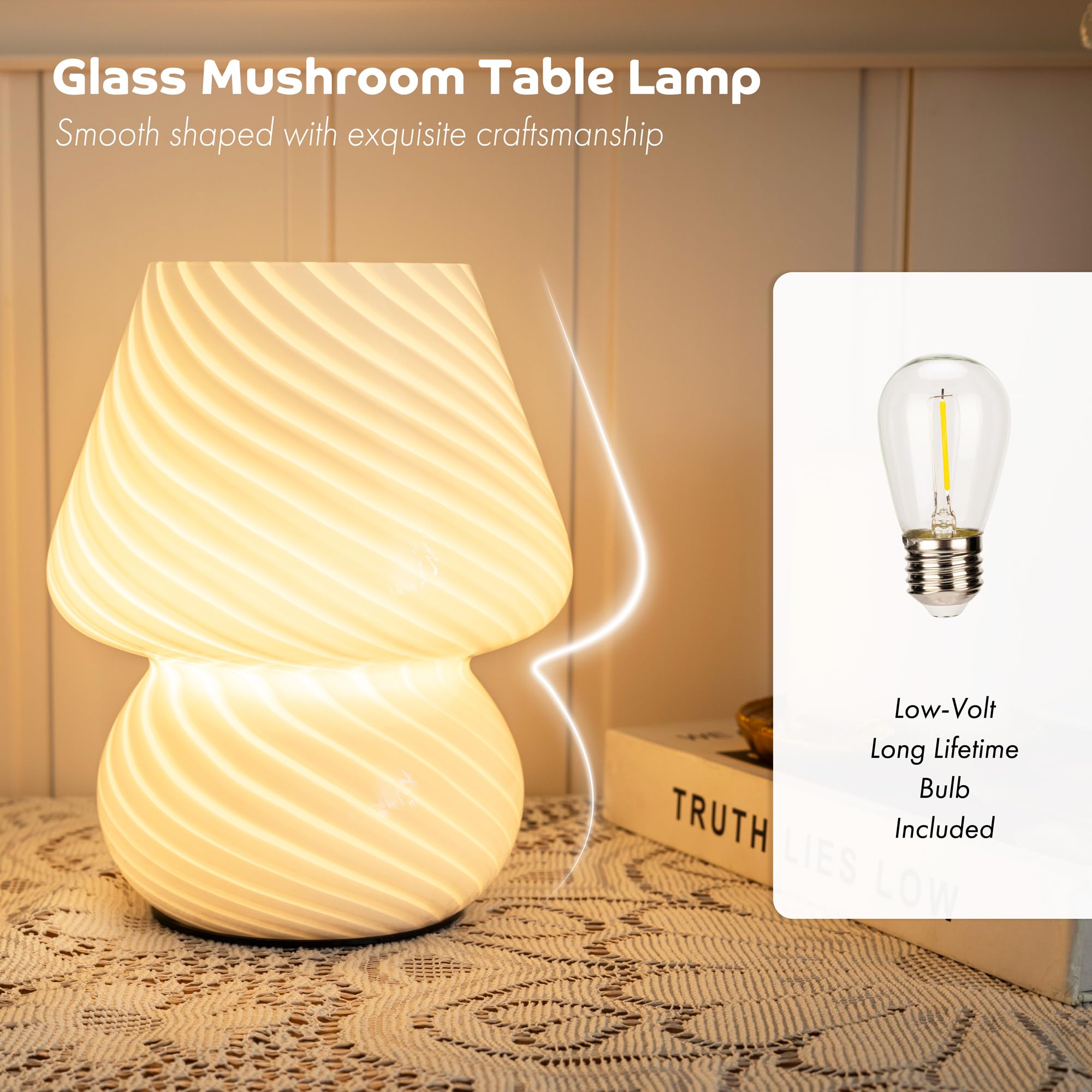 Ularoom Battery Operated Mushroom Lamp - Vintage Small Table Lamp With Timer, Cordless Bedside Nightstand Lamp, Glass Battery Po