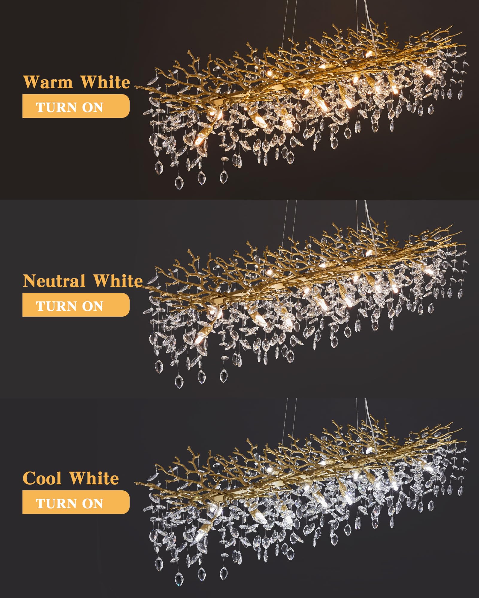 Modern Tree Branch Chandelier, 16 Lights Rectangular 59'' Crystal Gold Chandeliers For Kitchen Island Dining Room Living Room