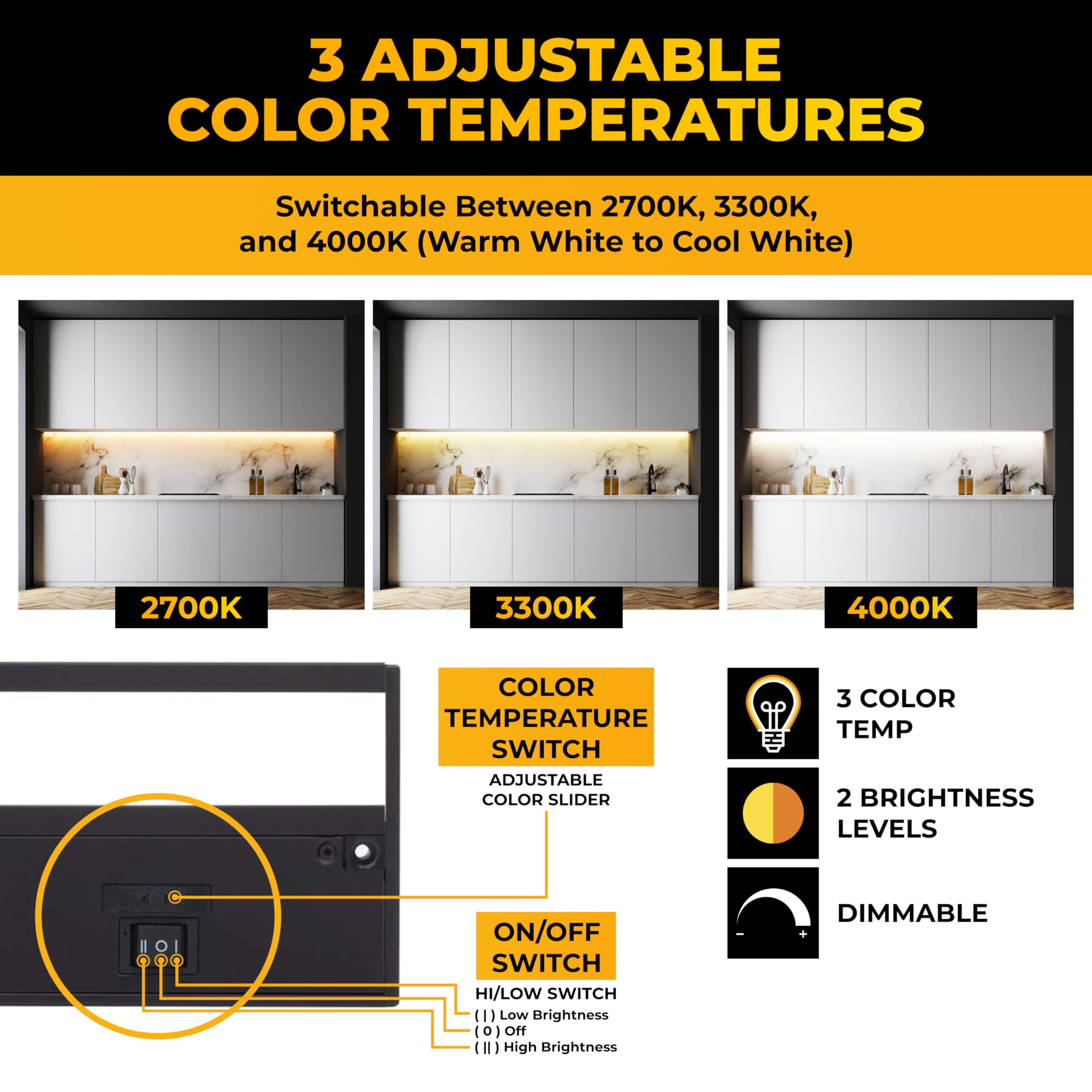 Nsl Led Under Cabinet Lighting - Dimmable, 12 Inch, Black Finish, 3 Color Temperatures (2700K/3000K/4000K) - Model Ltspro