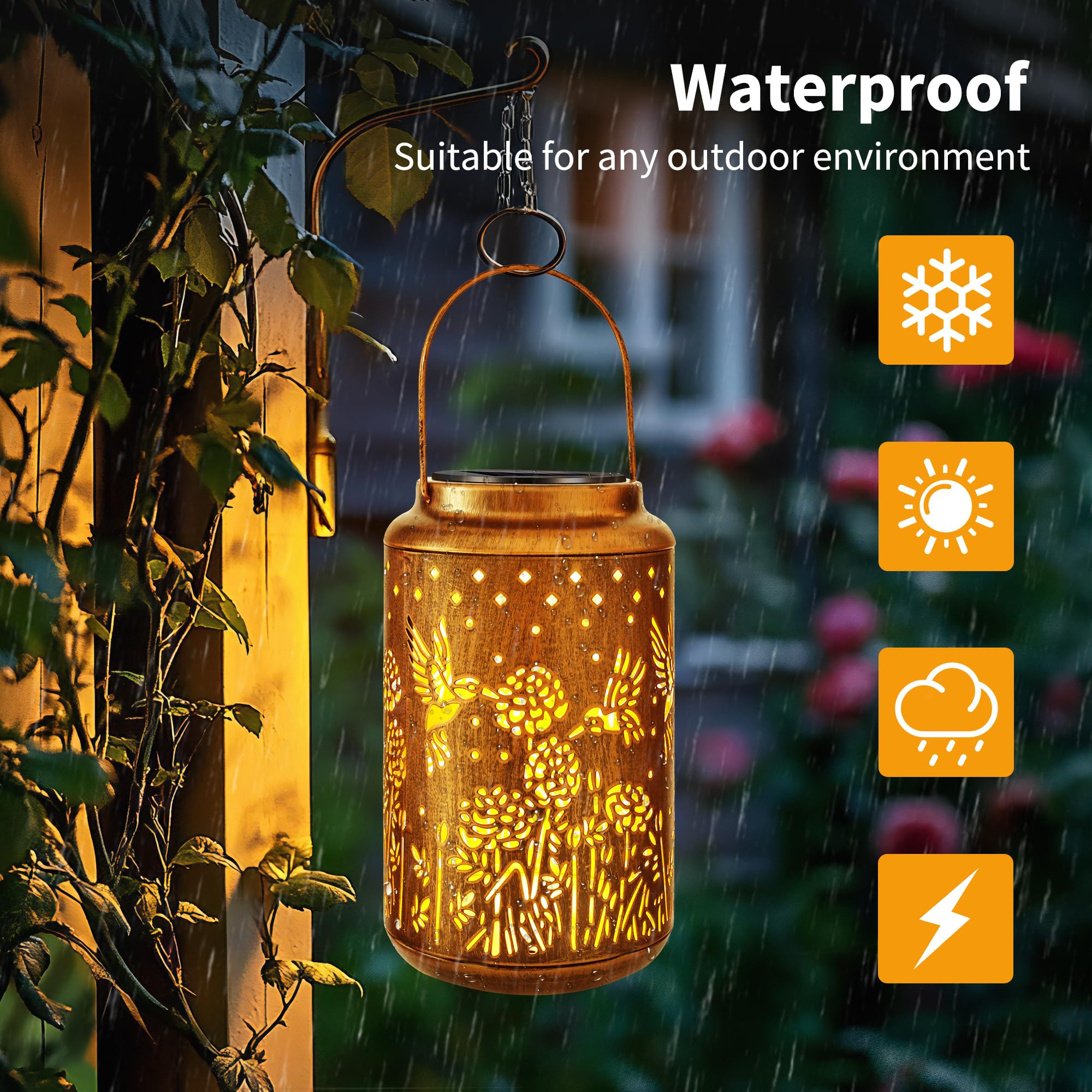 Brizled Hummingbird Solar Lantern Lights, Outdoor Led Hollow Out Hanging Lantern Lights, Warm White Solar Garden Lights Retro Me