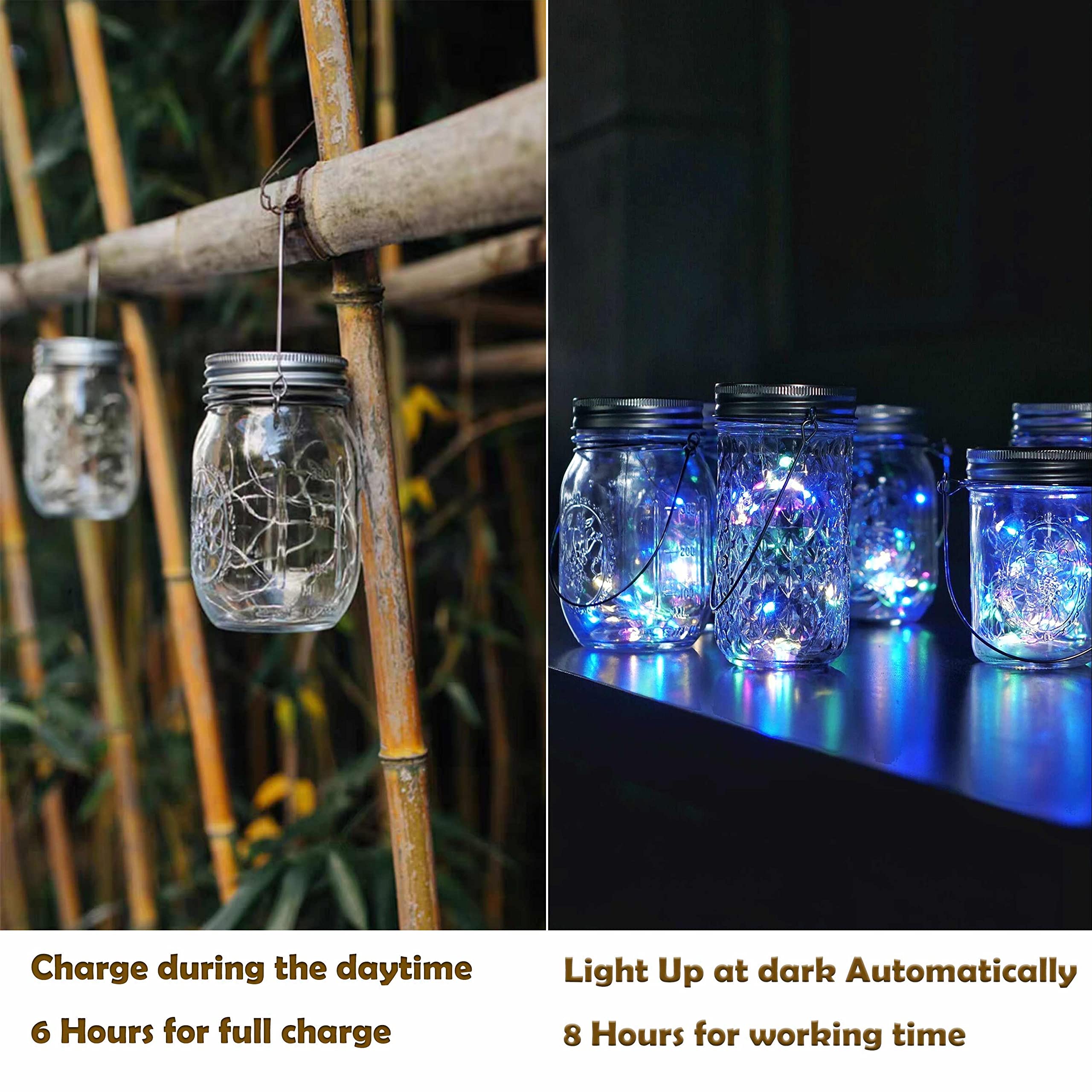 Decorman Solar Mason Jar Lid Lights, 10 LED Waterproof Fairy Lights, 6 Pack, Colorful, Model 43219-8197