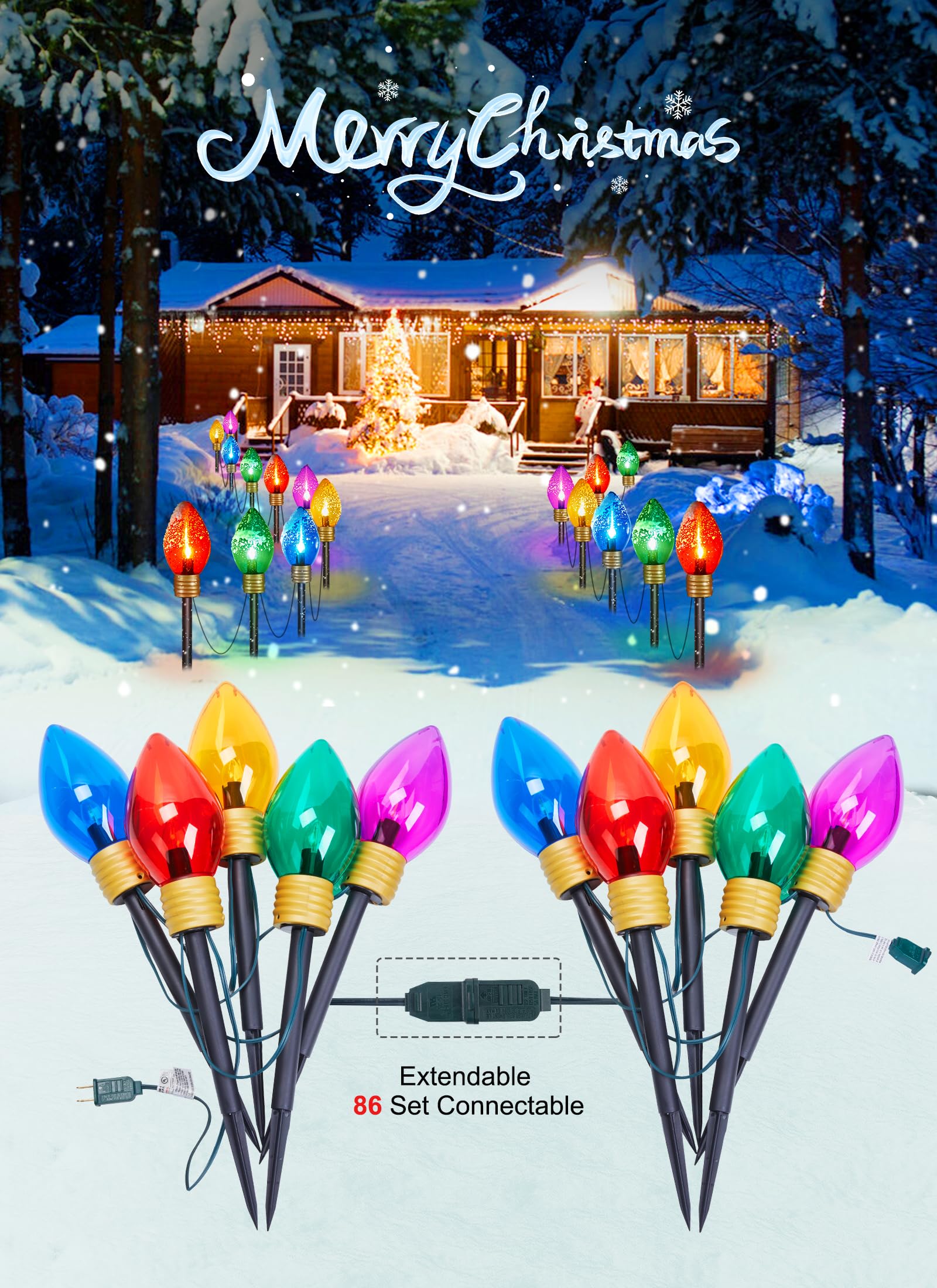 4 Pack Christmas Lights Jumbo C9 Outdoor Lawn Decorations With Pathway Marker Stakes, 10.5Ft C7 Lights Covered Jumbo Glitter Mul