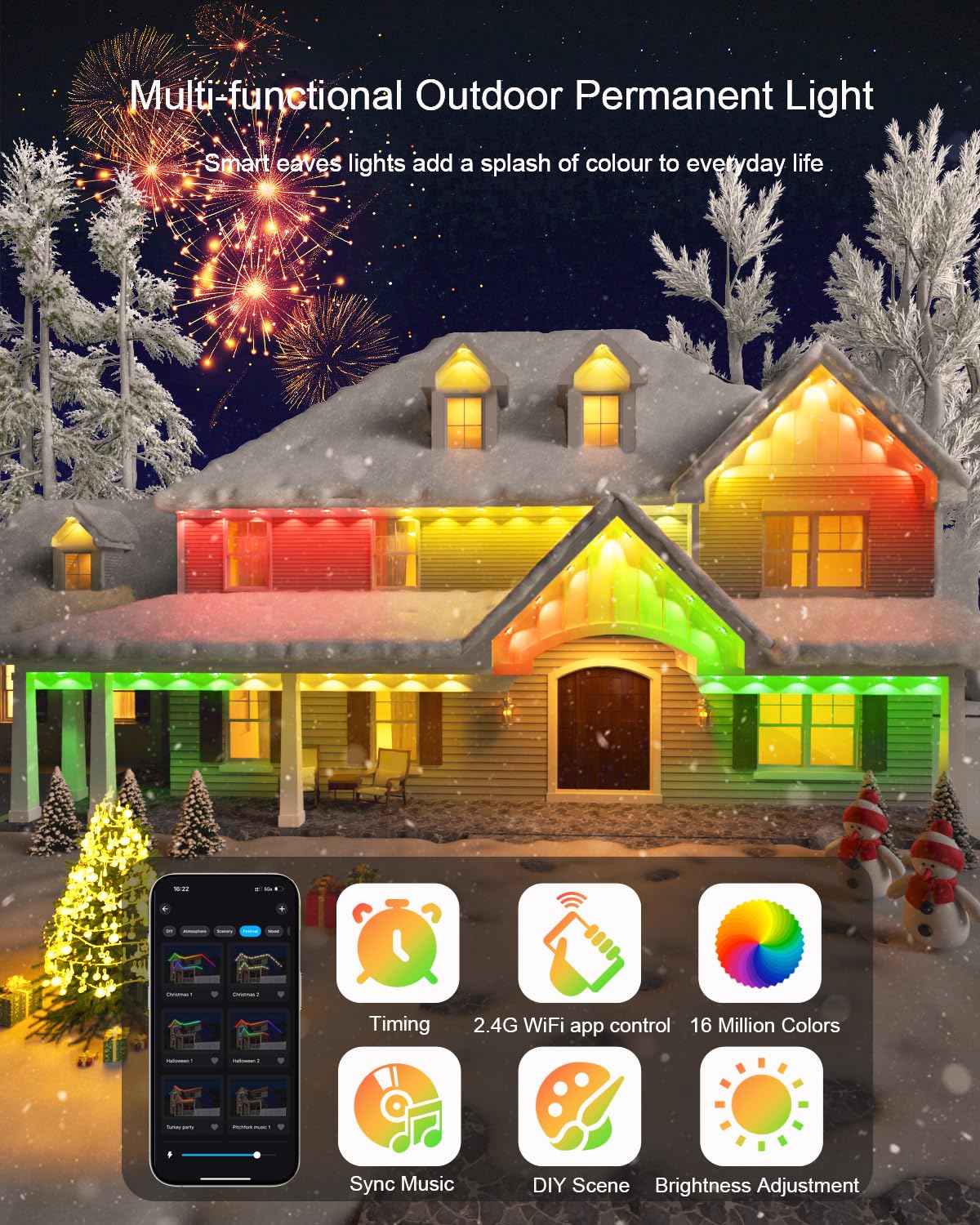 Morpholife 100FT Permanent Outdoor Lights - Smart AI RGB+IC LED, IP67 Waterproof, Alexa/Google Compatible, White