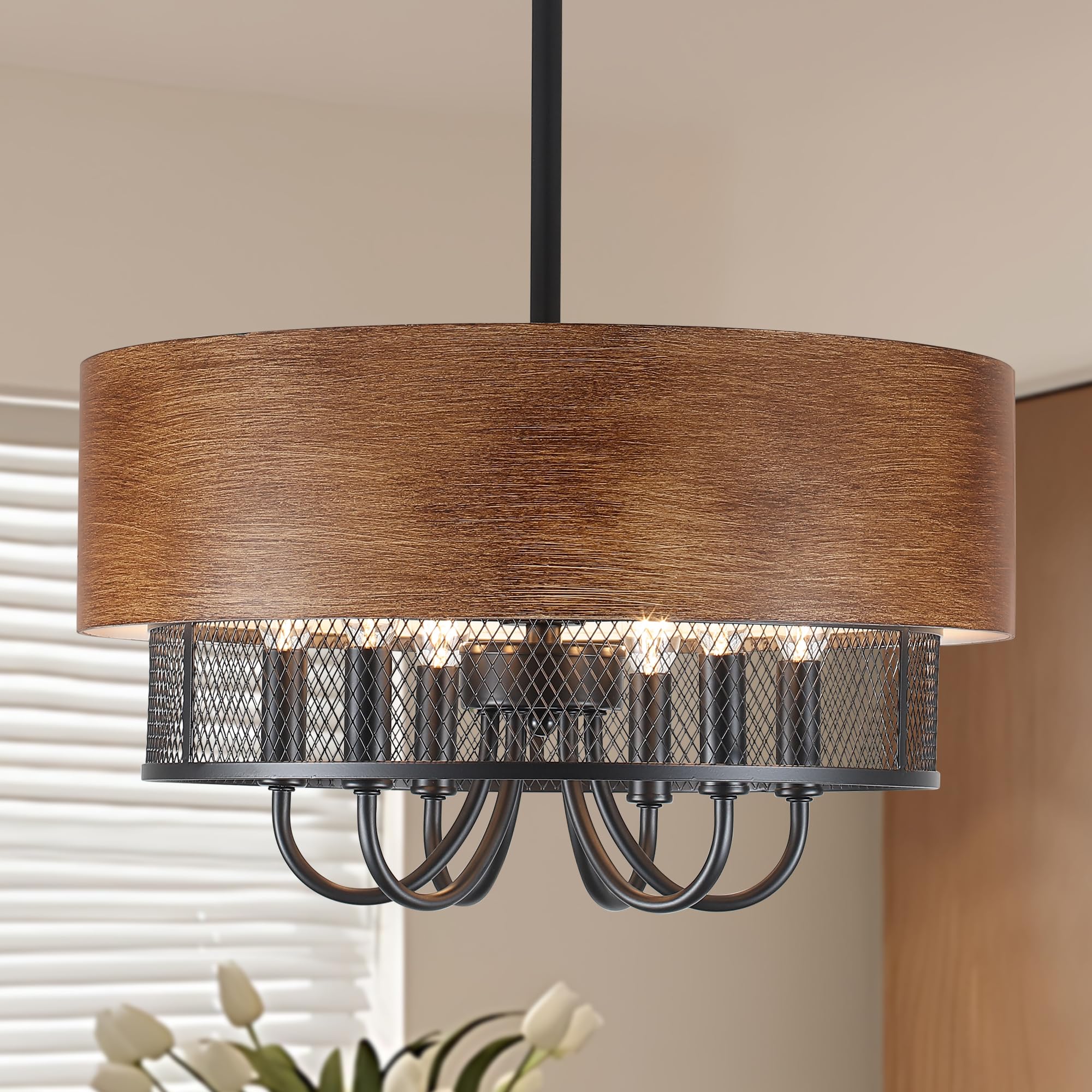 Farmhouse Drum Chandelier for Dining Room, 18 Rustic Black Chandelier with Wood Grain Finish, 6-Light Round Drum Hanging Chandel