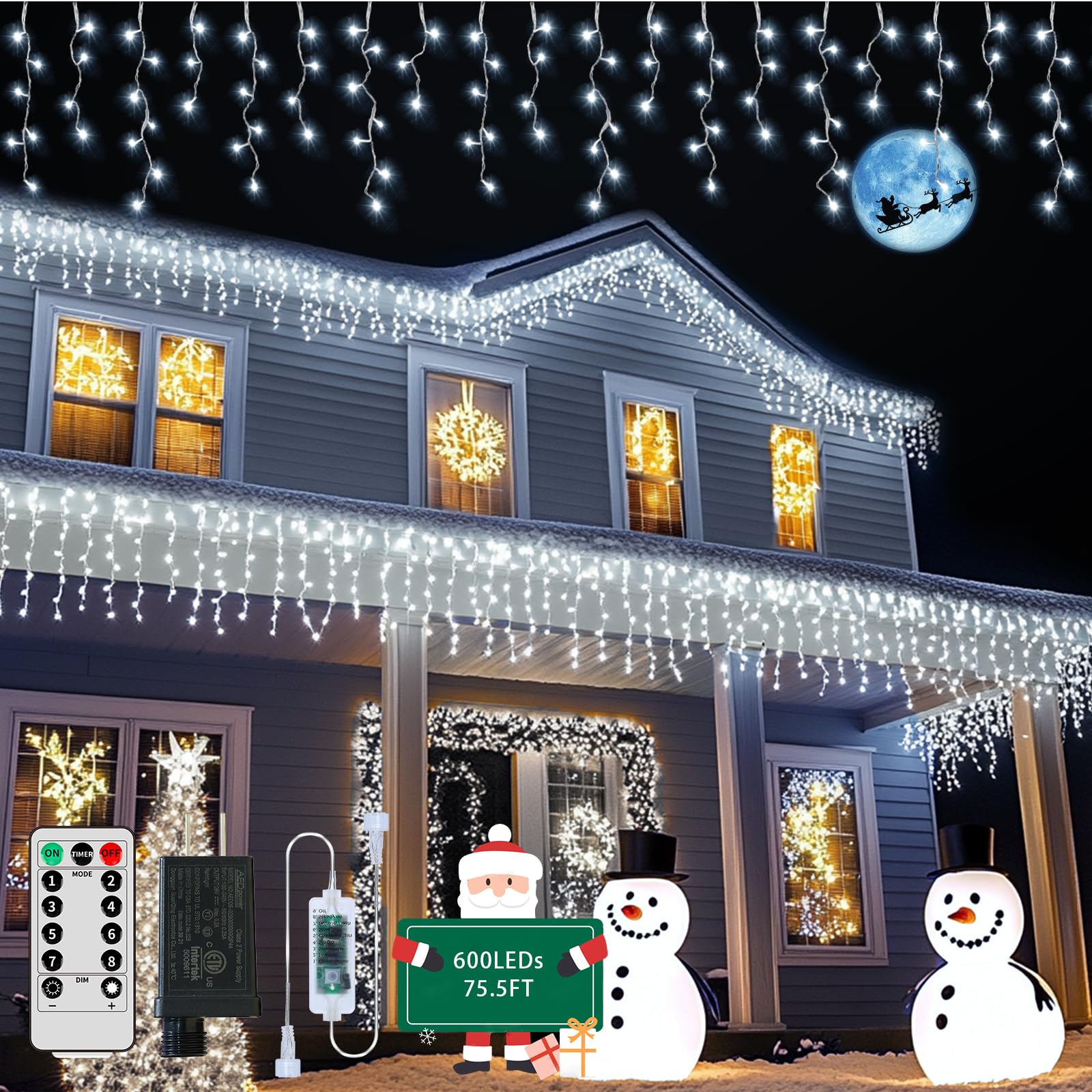 Icicle Lights Outdoor, 75.5 FT 600 LED Christmas Lights With 120 Drops, 8 Modes Plug-in String Lights Waterproof With Remote Tim