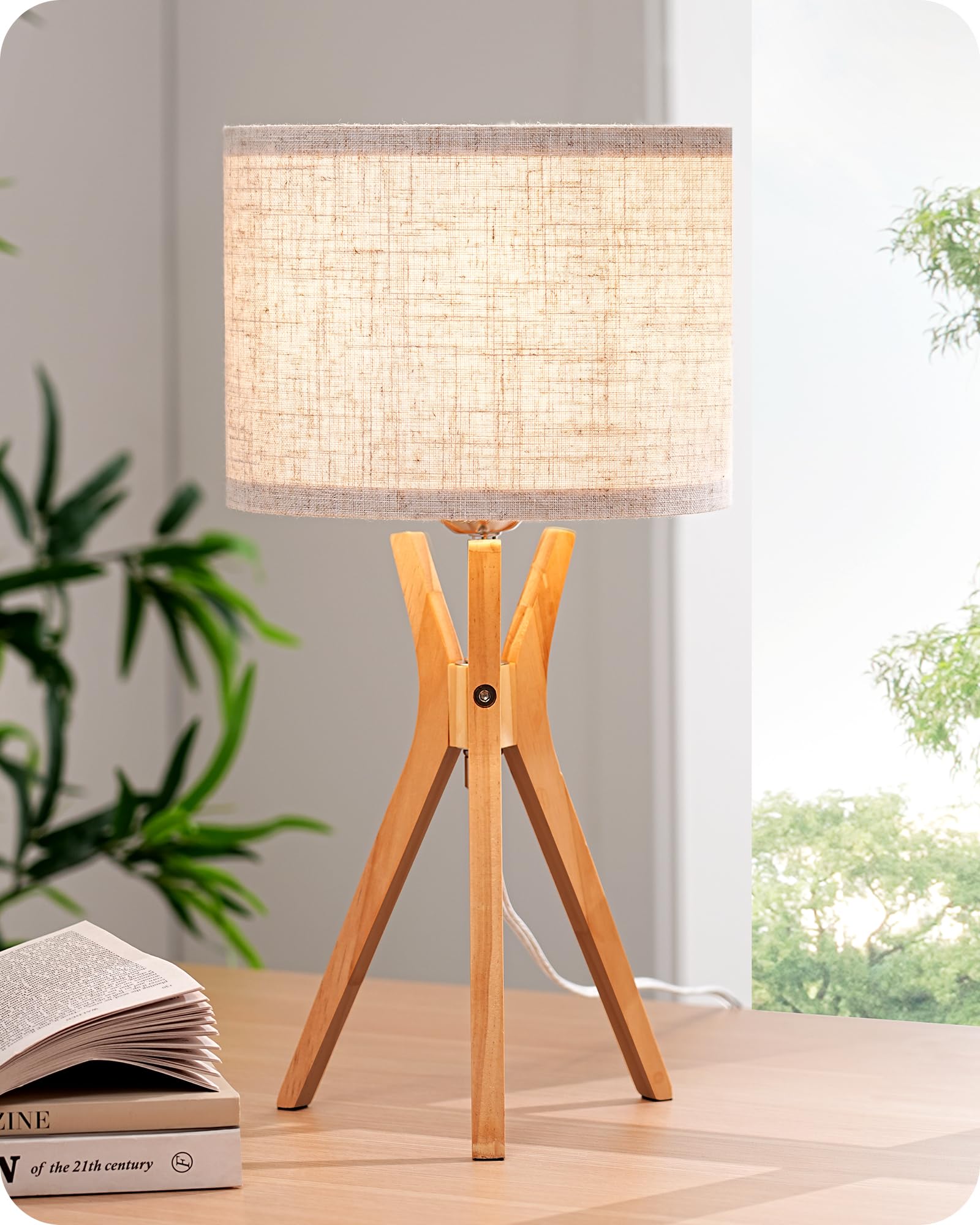 EDISHINE Tripod Table Lamp, Modern Beige Linen Shade, 17.5in, Natural Wood Legs, E26 Base, Model HLTL05W