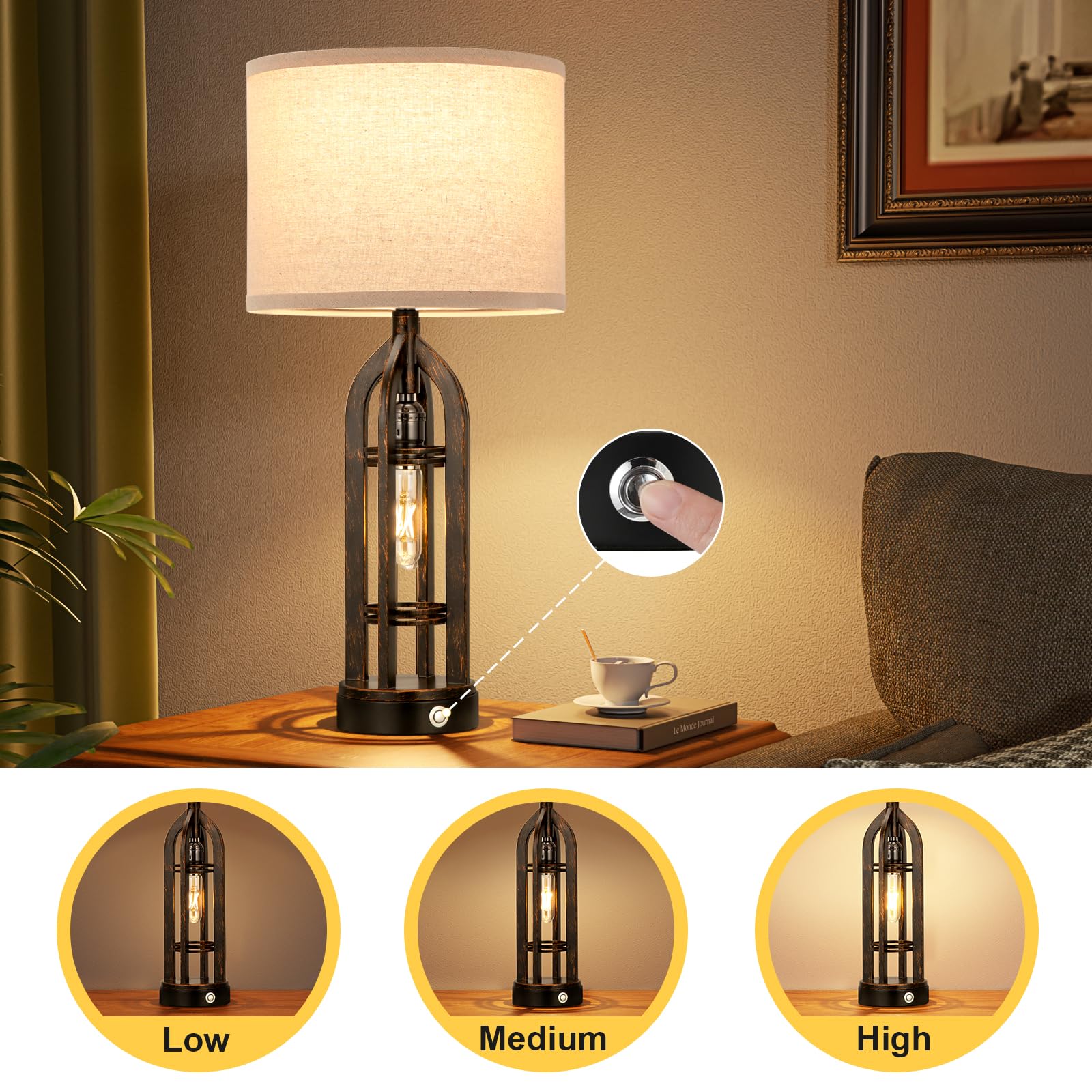 Seealle Table Lamp Set of 2 - 3-Way Dimmable Touch Lamps, E. Oat Shade & Bronze, Ideal for Living Room and Bedroom Night Stands