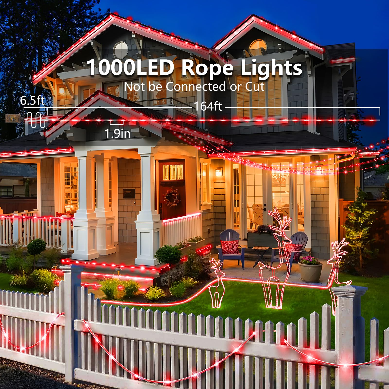 Knonew 164Ft 1000Led Rope Lights Outdoor Indoor,String Lights Waterproof 8 Modes Clear Tube Lights For Outside,Bedroom,Wedding,Garden,Patio,Christmas,Tree,Rv,Holiday Decoration(Red)