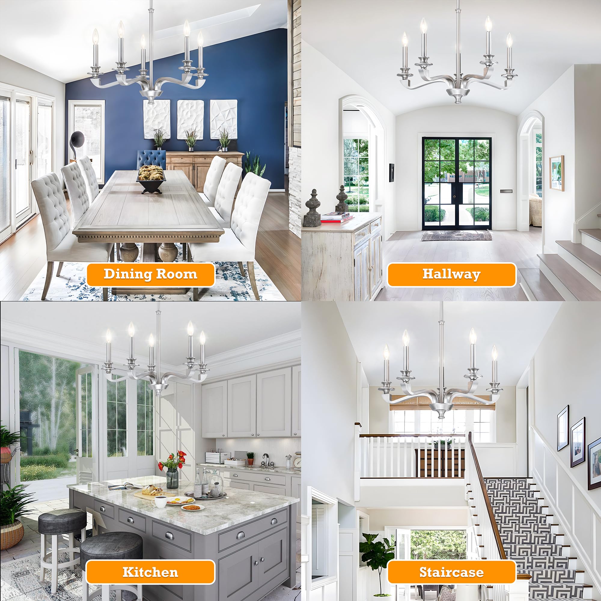 Senroyal Chandeliers For Dining Room, 5 Light Modern Chandelier Light Fixture Over Table, Brushed Nickel Farmhouse Candle Chande