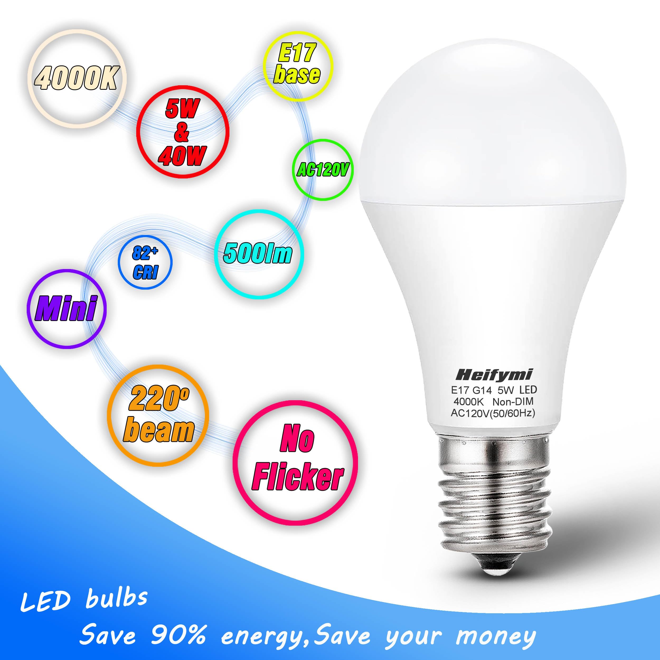 Heifymi E17 LED Bulb 5W, 40W Equivalent, Neutral White 4000K, 500 Lumens, Non-Dimmable, 4 Pack for Chandelier &