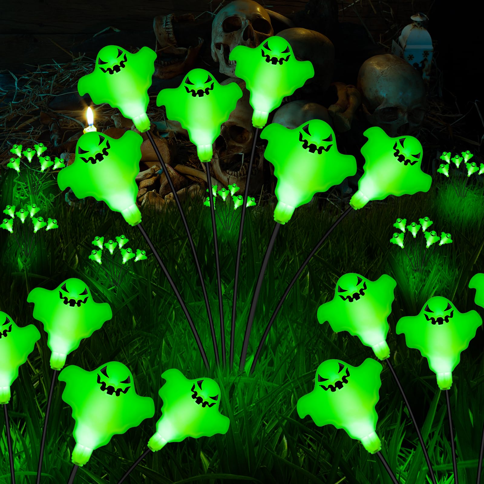 Betrihyes Outdoor Halloween Decorations Solar Garden Ghost Lights,2Packs 12Led Halloween Lights Swaying Firefly With Magic Ghost Decor,Solar Halloween Path Lights For Yard/Lawn/Porch/Ghost Decor