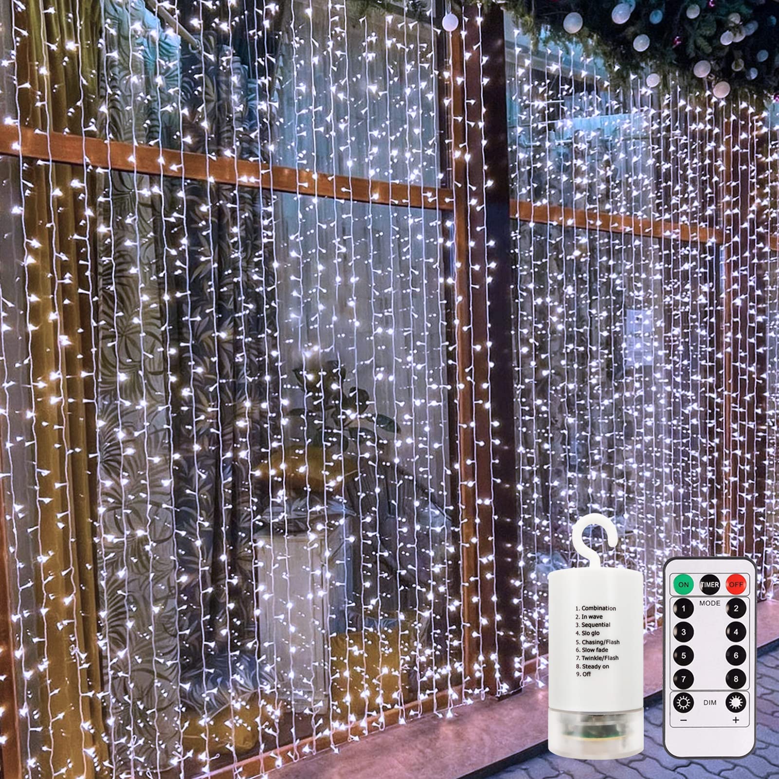 echosari Curtain Lights Battery Operated, 9.8Ft x 9.8ft 300 LED Window Curtain String Lights with Remote Timer 8 Modes Hanging L