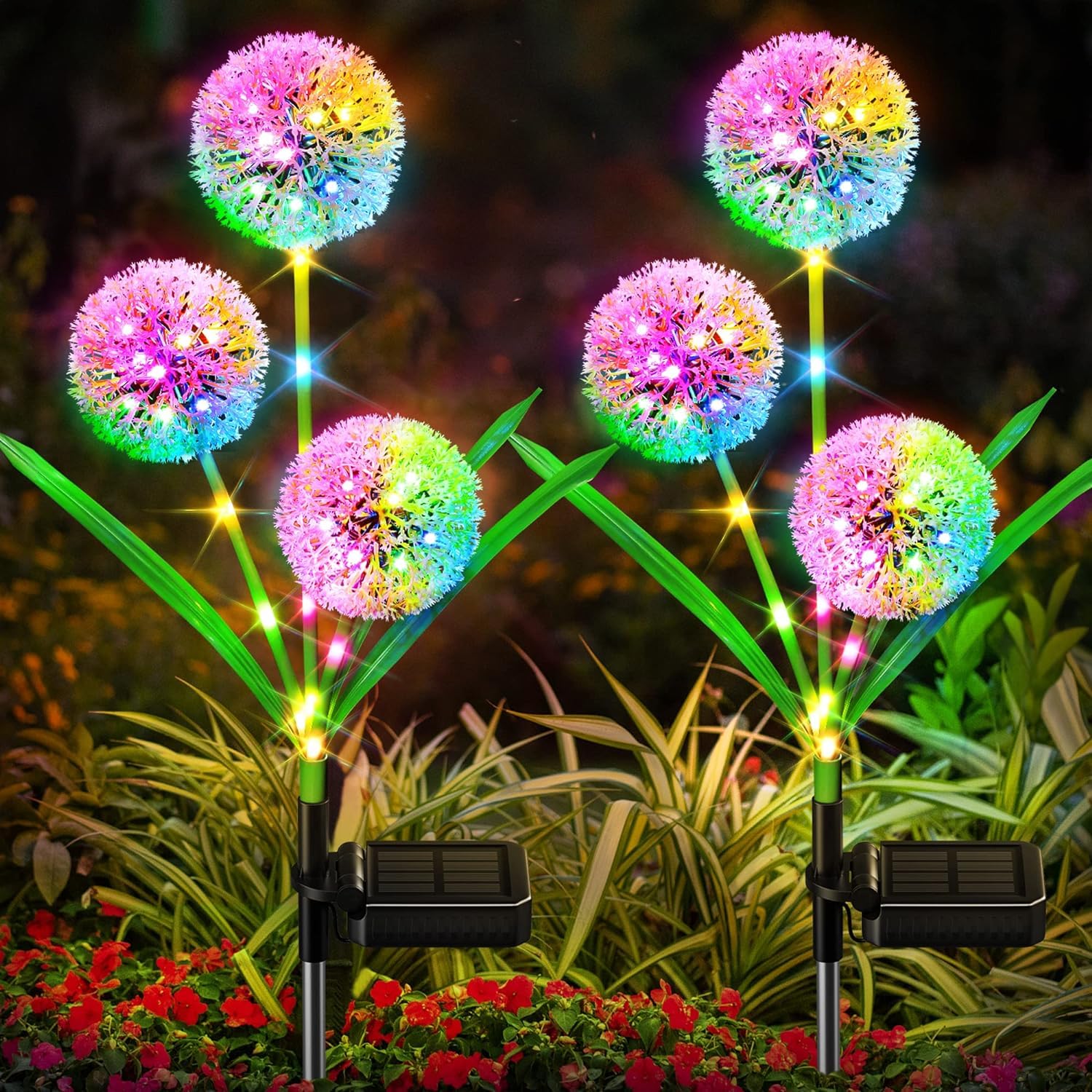 Bonlion 4 Pack Solar Garden Lights - 12 Glowing Dandelion Led, Waterproof Ip65, Colorful Decor