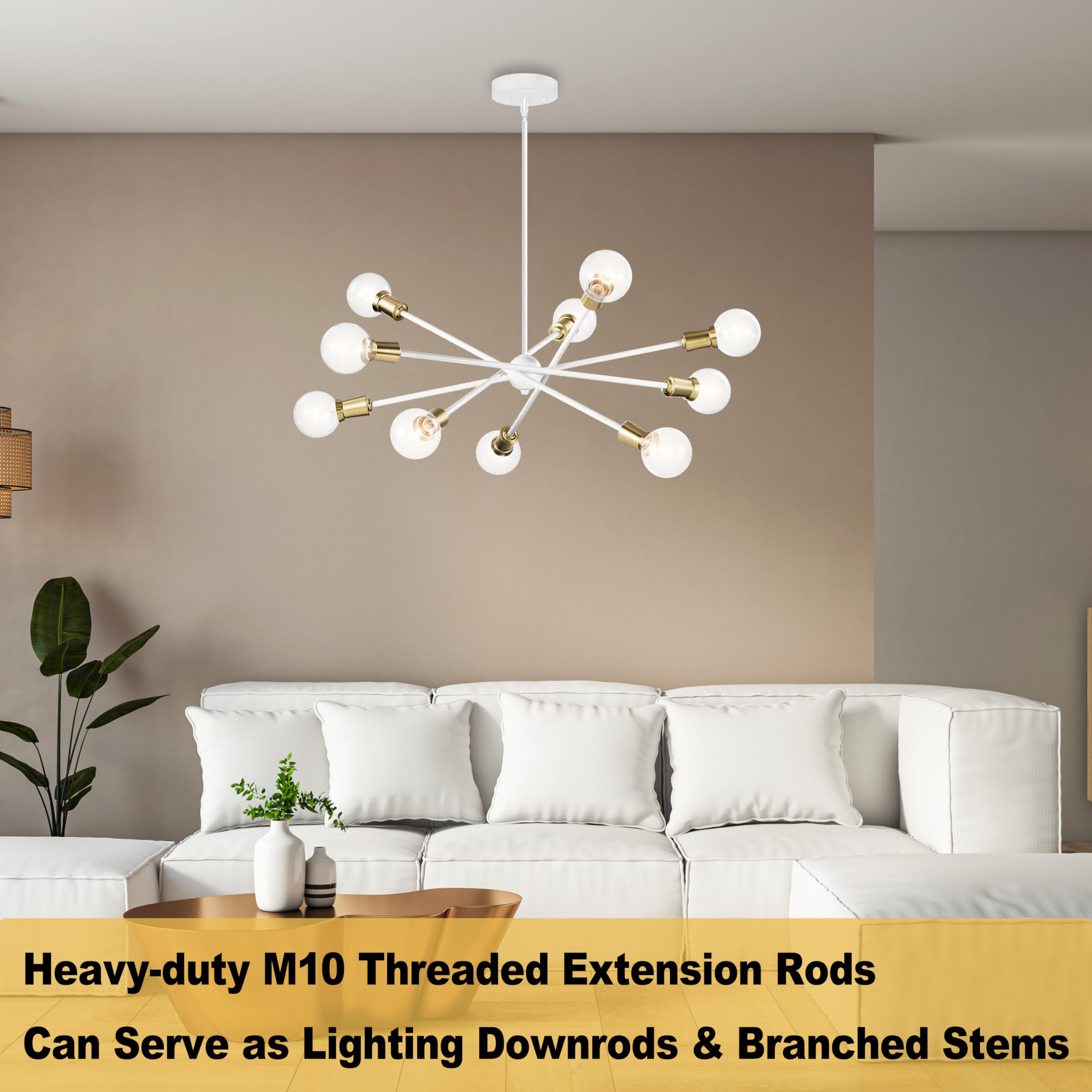 8 Pieces M10 Threaded Extension Poles Lighting Fixture Downrods Stems & 180 Degrees Sloped Ceiling Adapter Kits For Pendant Light  Island Lighting  Chandeliers (White)