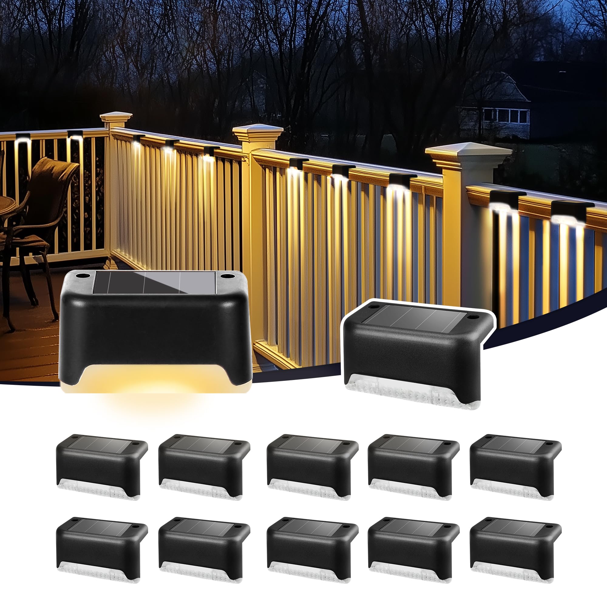PATIOWIN Solar Deck Lights, Waterproof LED Step Lights, 12 Pack, Warm White, Black, Model 8716