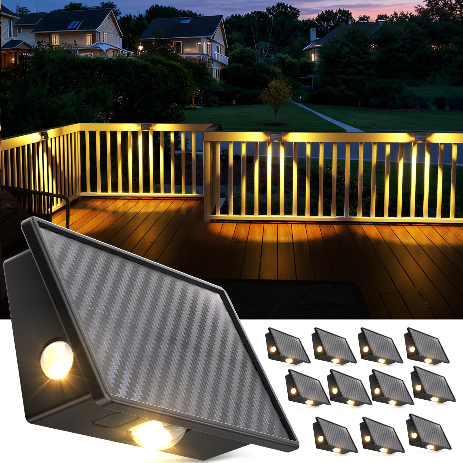 JSOT Solar Deck Lights Outdoor - 12 Pack Stair Step Fence Waterproof Light 5 Lighting Modes for Backyard Garden Wall Outside Pat