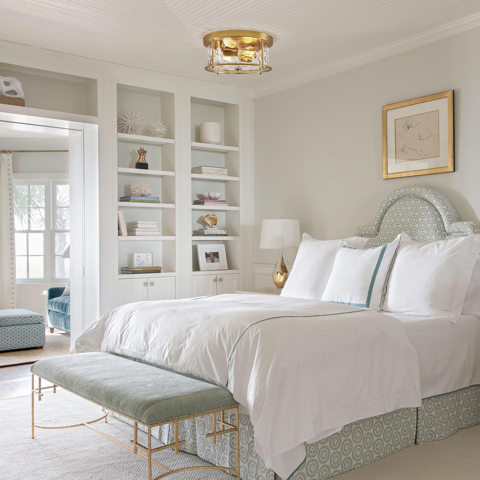 LamQee Flush Mount Ceiling Light, Industrial 2-Lights, Hammered Glass, Brushed Gold, Model 06FTL0284AGD, Low Profile for Kitchen and Hallway