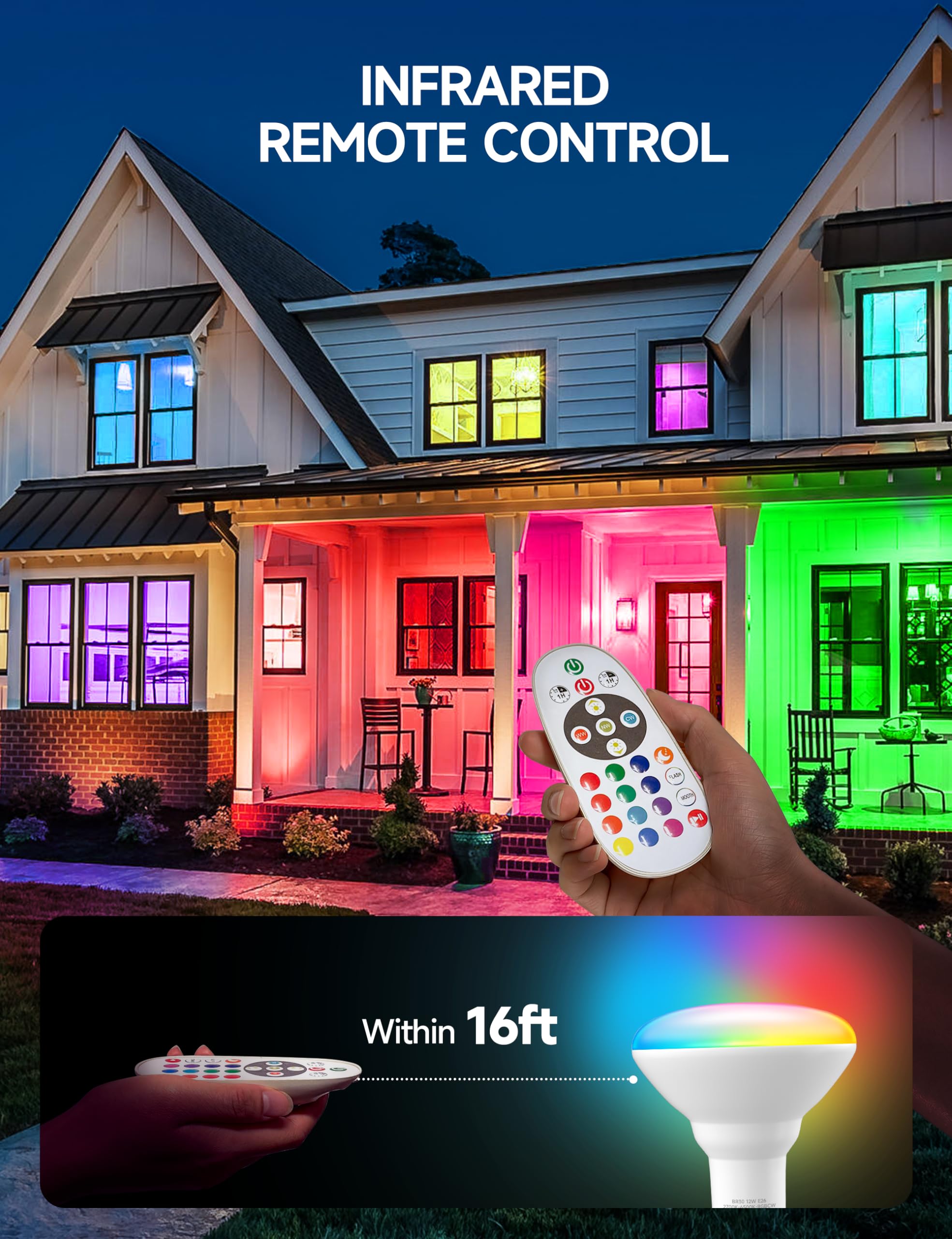 UNILAMP BR30 LED Color Changing Light Bulb, 12W, 100W Equivalent, Dimmable, Multi-Color, 4 Pack, E26 Base, Remote Control
