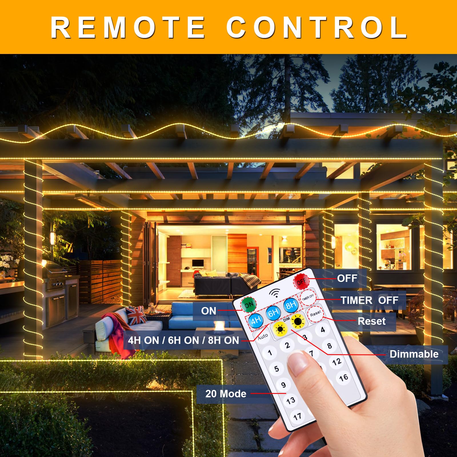 Omika 50Ft 600 Leds Solar Rope Lights, Usb Charging, 20 Lighting Modes, Dimmable Timer Remote Control, Ip68 Waterproof For Outdo
