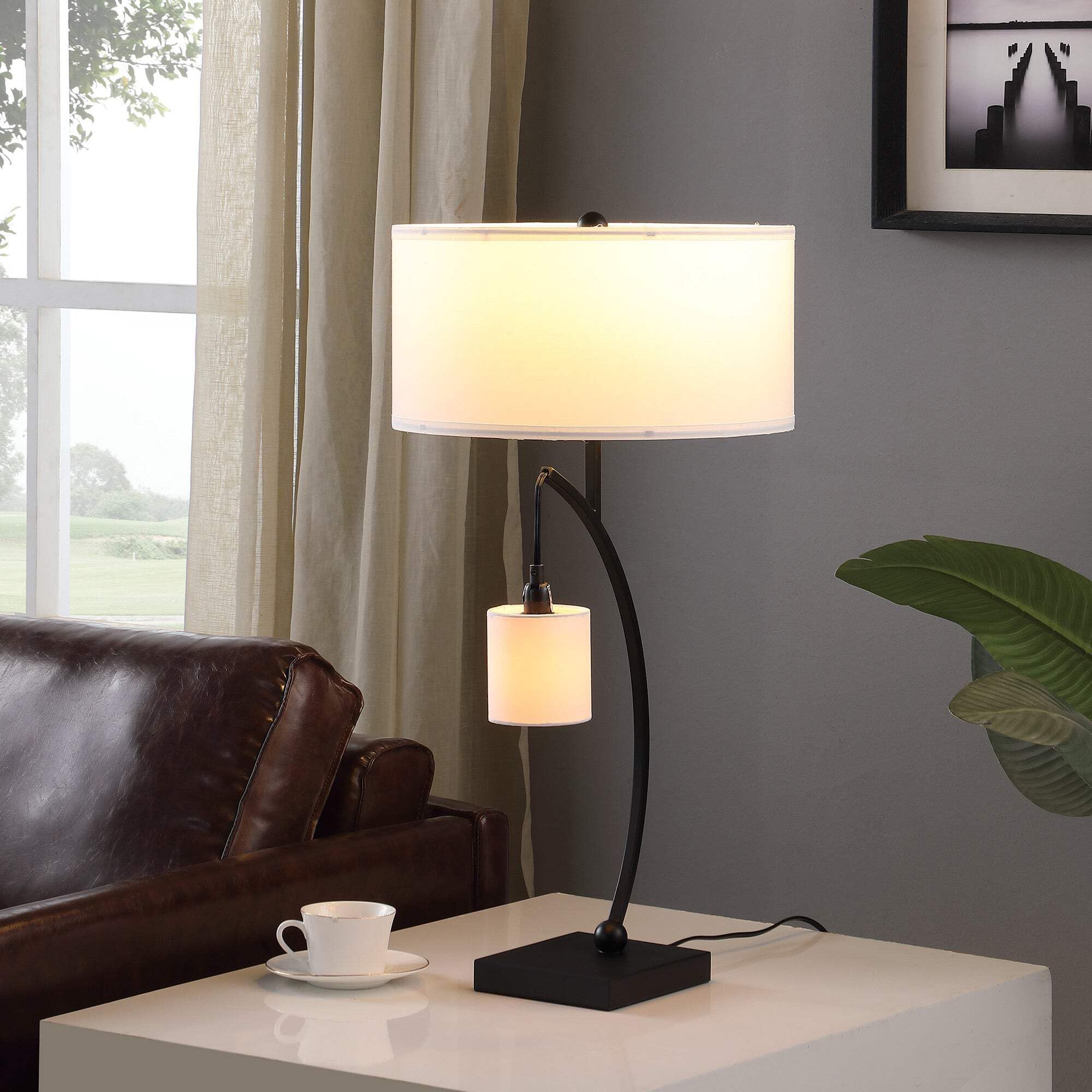 Homeroots Black Metal Two Light Arched Table Lamp With White Drum Shade, Model 524264, 28.5 X 15 X 15 In.