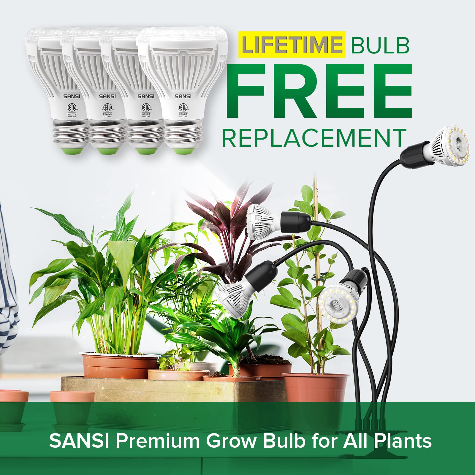 SANSI LED Grow Light, 600W Full Spectrum, 4-Gooseneck, Timer 4/8/12 Hrs, Ceramic, Black, Model C21GL-GE26-