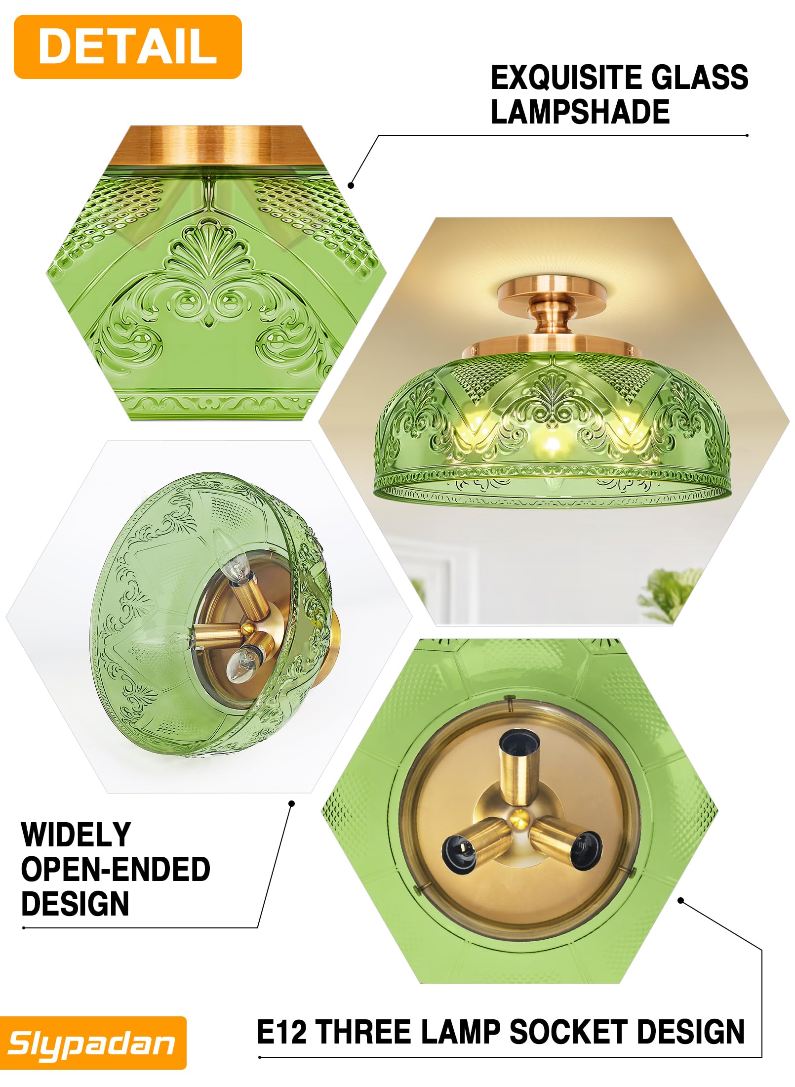 Slypadan Green Semi Flush Mount Ceiling Light  12 Inch Large Ceiling Light Fixture Gold  3-Light Globe Glass Farmhouse Kitchen Lighting Fixtures For Bathroom  Hallway  Dining Room (Bulb Not Included)