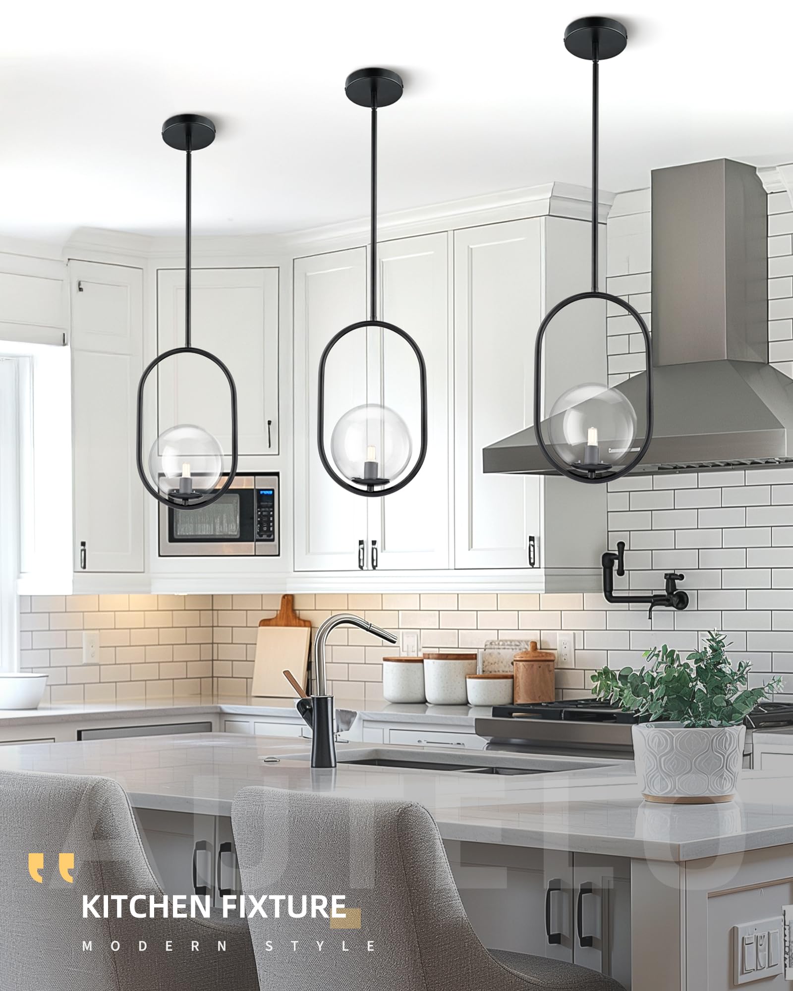 Autelo 1-Light Matte Black Pendant Lights Kitchen Island  Kitchen Pendant Lighting Over Island With Clear Globe Glass  Black Hanging Lamp With Adjustable Rod For Kitchen Island H9376 Clbk