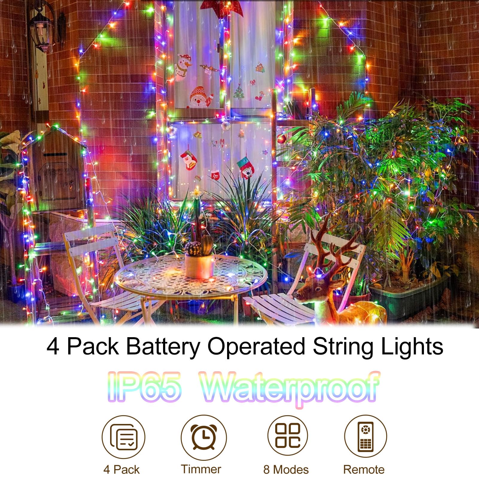 Dealbeta 4 Pack 16.5Ft Rgby Battery Operated String Lights, 50Led, 8 Modes, Clear Wire